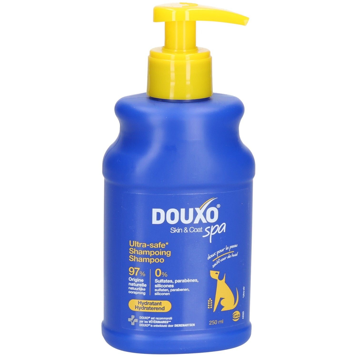 Blaue Flasche mit gelbem Pumpkopf. Aufschrift: DOUXO Skin & Coat spa. Shampoo für Hunde. 250 ml.