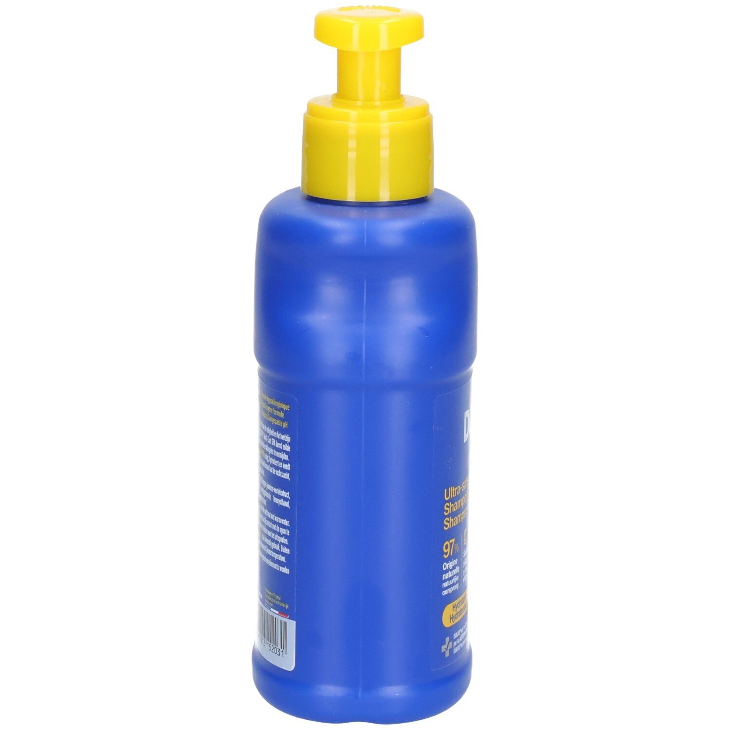 Blaue Flasche mit gelbem Pumpkopf. Rückseite mit Text. DOUXO Skin & Coat spa Shampoo.
