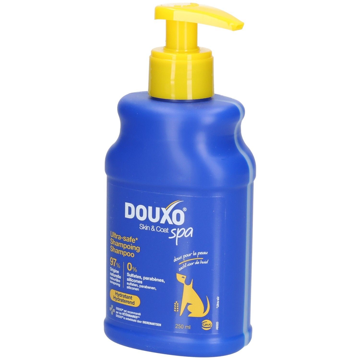 Blaue Flasche mit gelbem Pumpkopf. Aufschrift: DOUXO Skin & Coat spa. Shampoo für Hunde. 250 ml.