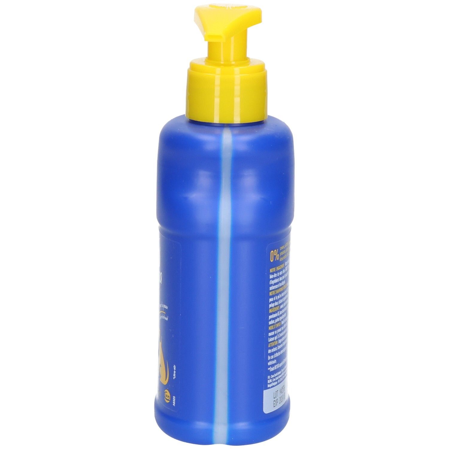 Blaue Flasche mit gelbem Pumpkopf. Rückseite mit Text. DOUXO Skin & Coat spa Shampoo.