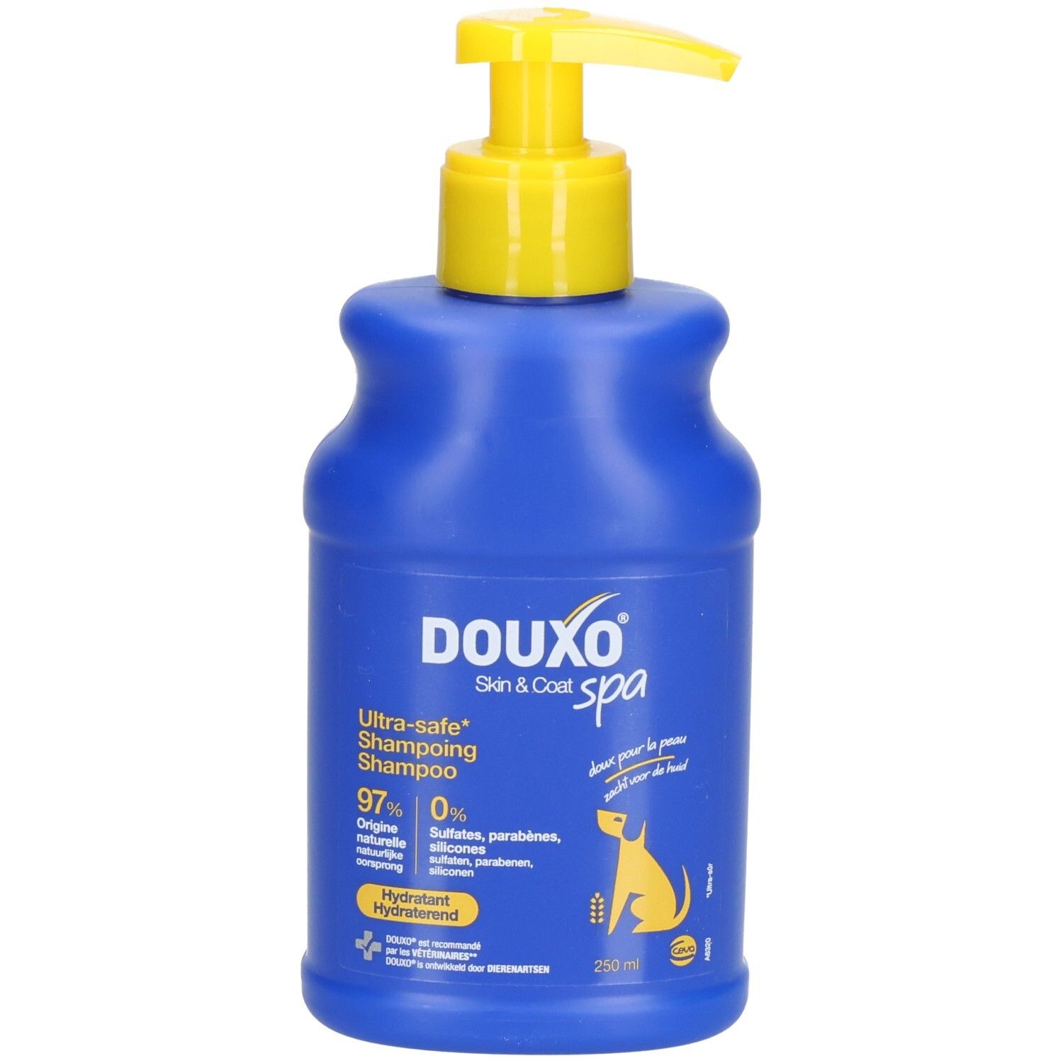 Blaue Flasche mit gelbem Pumpkopf. Aufschrift: DOUXO Skin & Coat spa. Shampoo für Hunde. 250 ml.