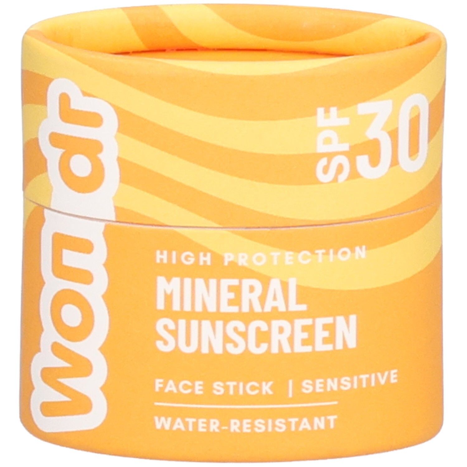 Zylindrische Verpackung mit gelbem Farbverlauf. Aufschrift: Wondr, SPF 30, Mineral Sunscreen, Face Stick, Sensitive, Water-Resistant.