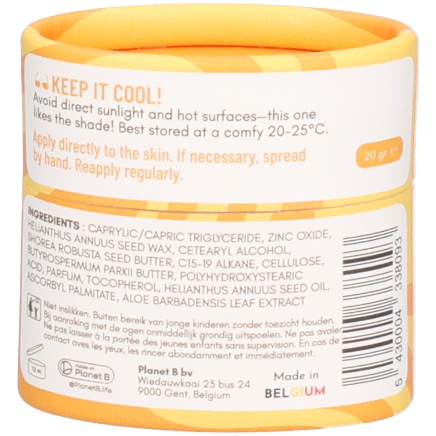 Rückseite der Verpackung. Text: Keep it cool!, Inhaltsstoffe, Planet B bv, Made in Belgium. Enthält Text in mehreren Sprachen.