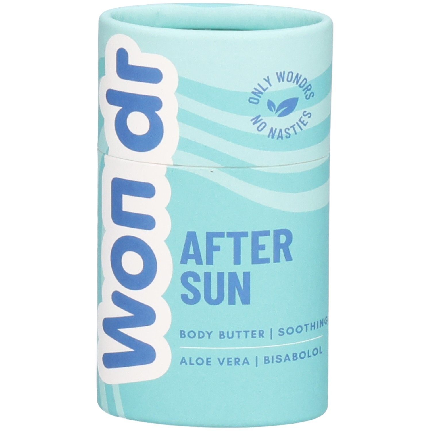 Zylindrische Verpackung, hellblau mit weißer Schrift. "Wondr" und "After Sun" sind deutlich sichtbar. Enthält Aloe Vera und Bisabolol.