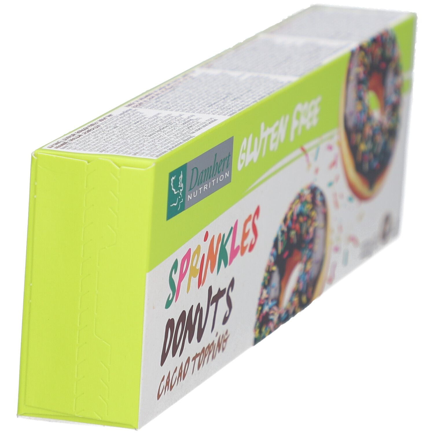 Seitenansicht der Donut-Verpackung. Aufschrift: Sprinkles Donuts, Gluten Free. Grün-gelbe Verpackung.