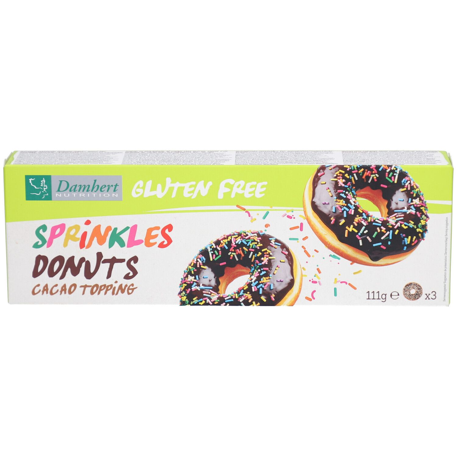 Verpackung mit Donuts. Aufschrift: Sprinkles Donuts, Gluten Free. Zwei Donuts mit Streuseln abgebildet.