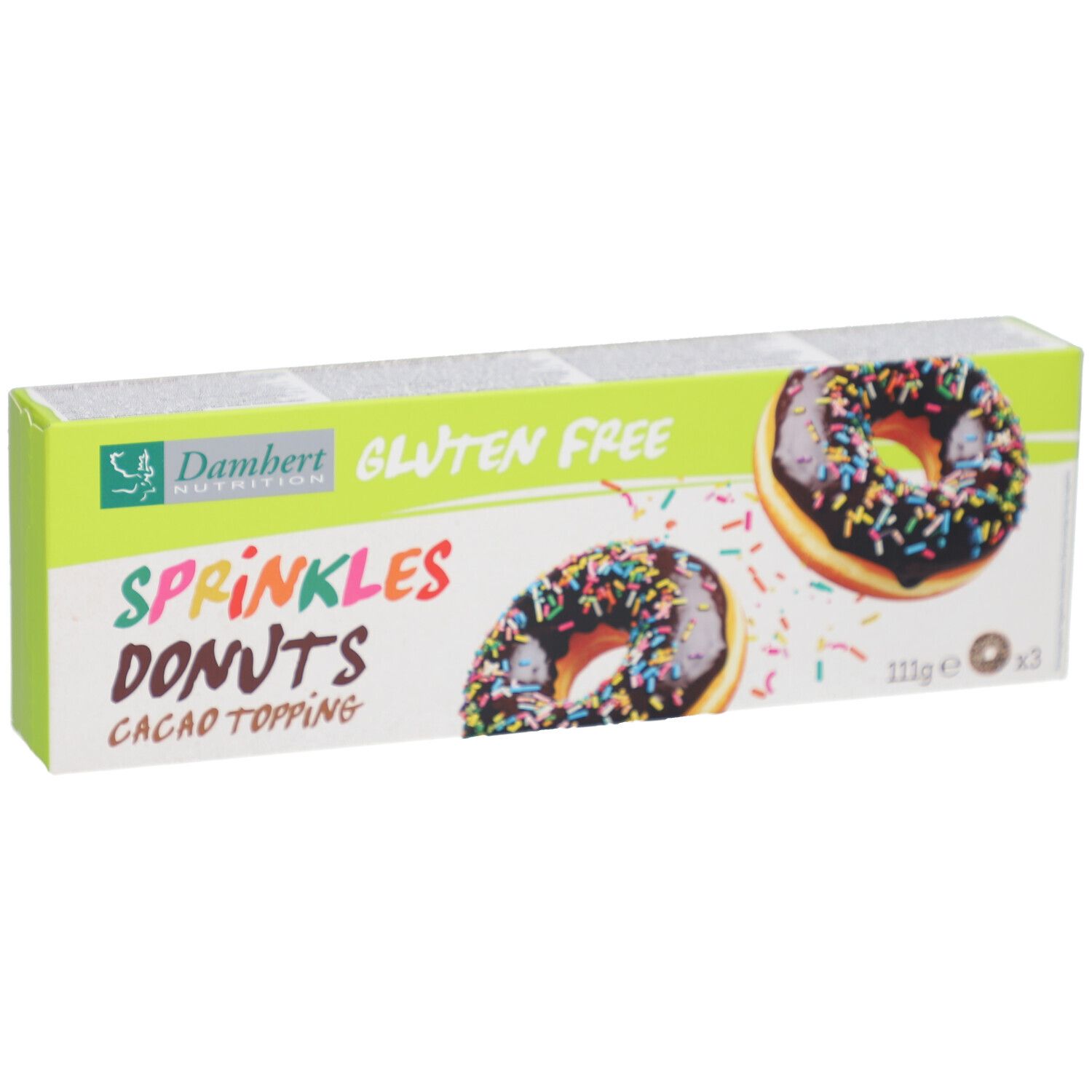 Verpackung mit Donuts. Aufschrift: Sprinkles Donuts, Gluten Free. Zwei Donuts mit Streuseln abgebildet.