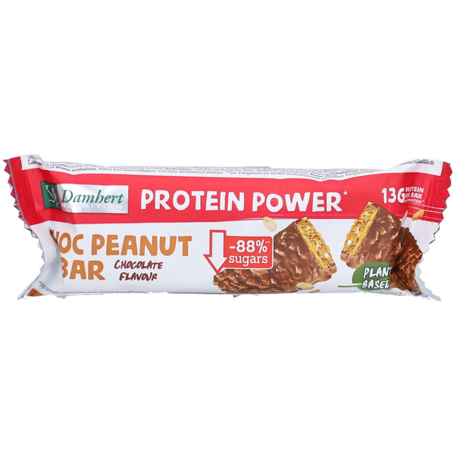 Verpackung eines Proteinriegels. Aufschrift: Damhert Protein Power Choc Peanut Bar, -88% Zucker. Mit Erdnüssen und Schokoladenstückchen.