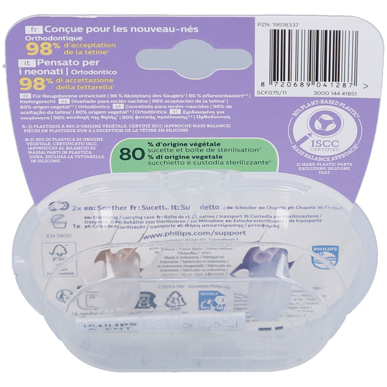 Rückseite der Verpackung mit Produktinformationen. Enthält zwei Schnuller in einer Transportbox. Mit ISCC-Zertifizierung.