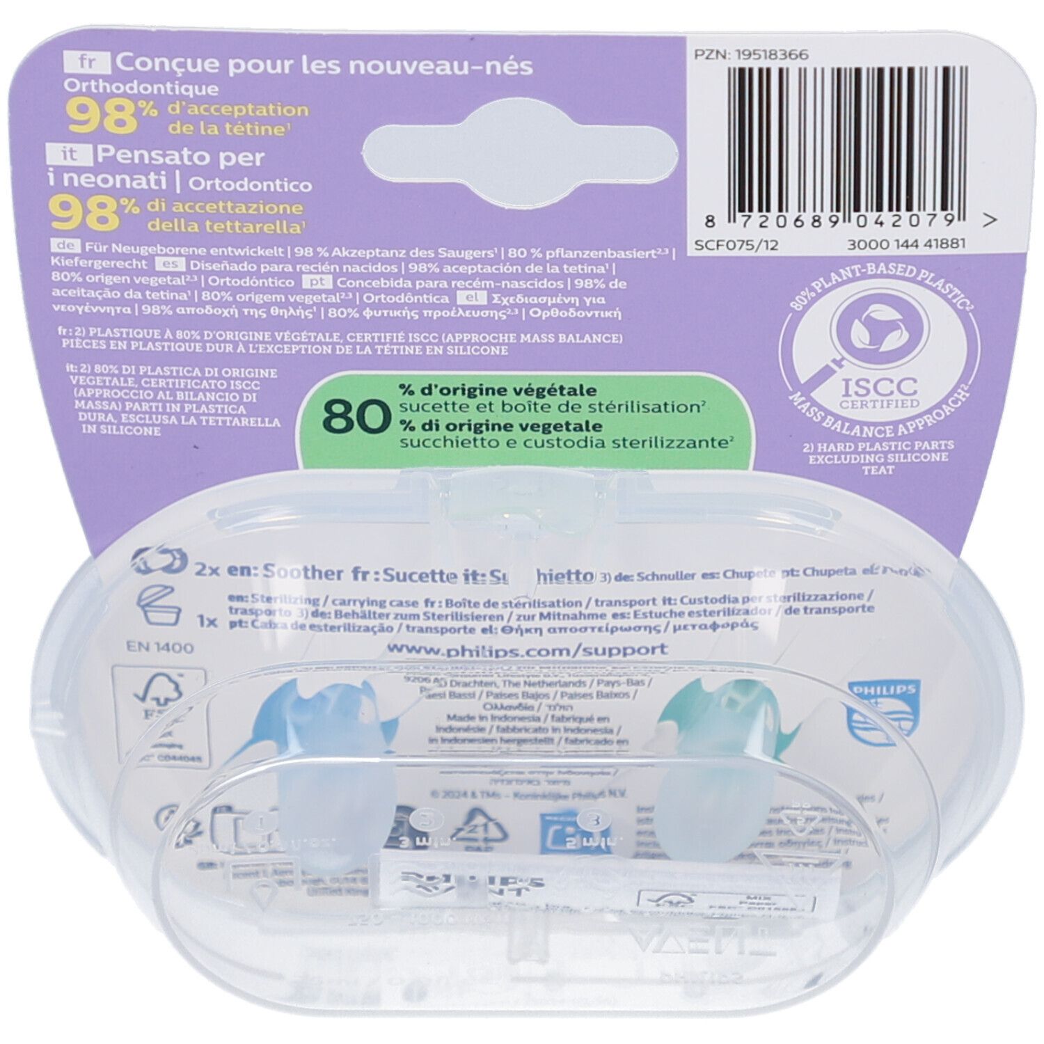 Dos de l'emballage avec informations produit. Deux sucettes dans un étui transparent. Texte et logos.