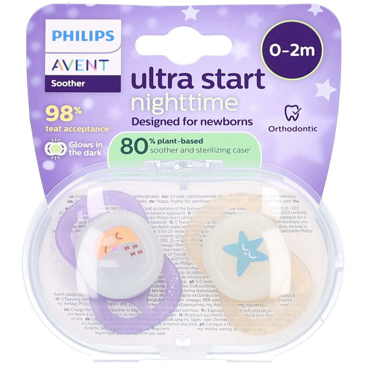 Verpackung mit zwei Schnullern. Ein Schnuller mit Stern, einer mit Mond. Beide in einer transparenten Aufbewahrungsbox.