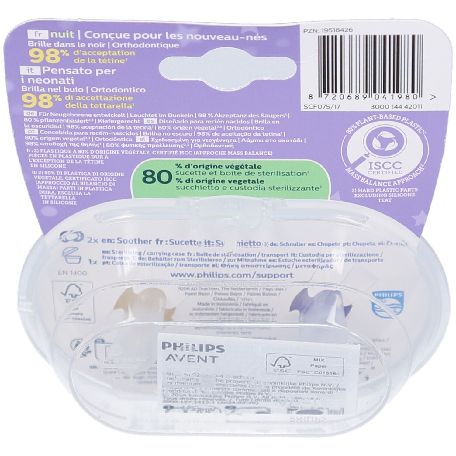 Rückseite der Verpackung mit Produktinformationen und Zertifizierungen. Enthält eine transparente Aufbewahrungsbox.