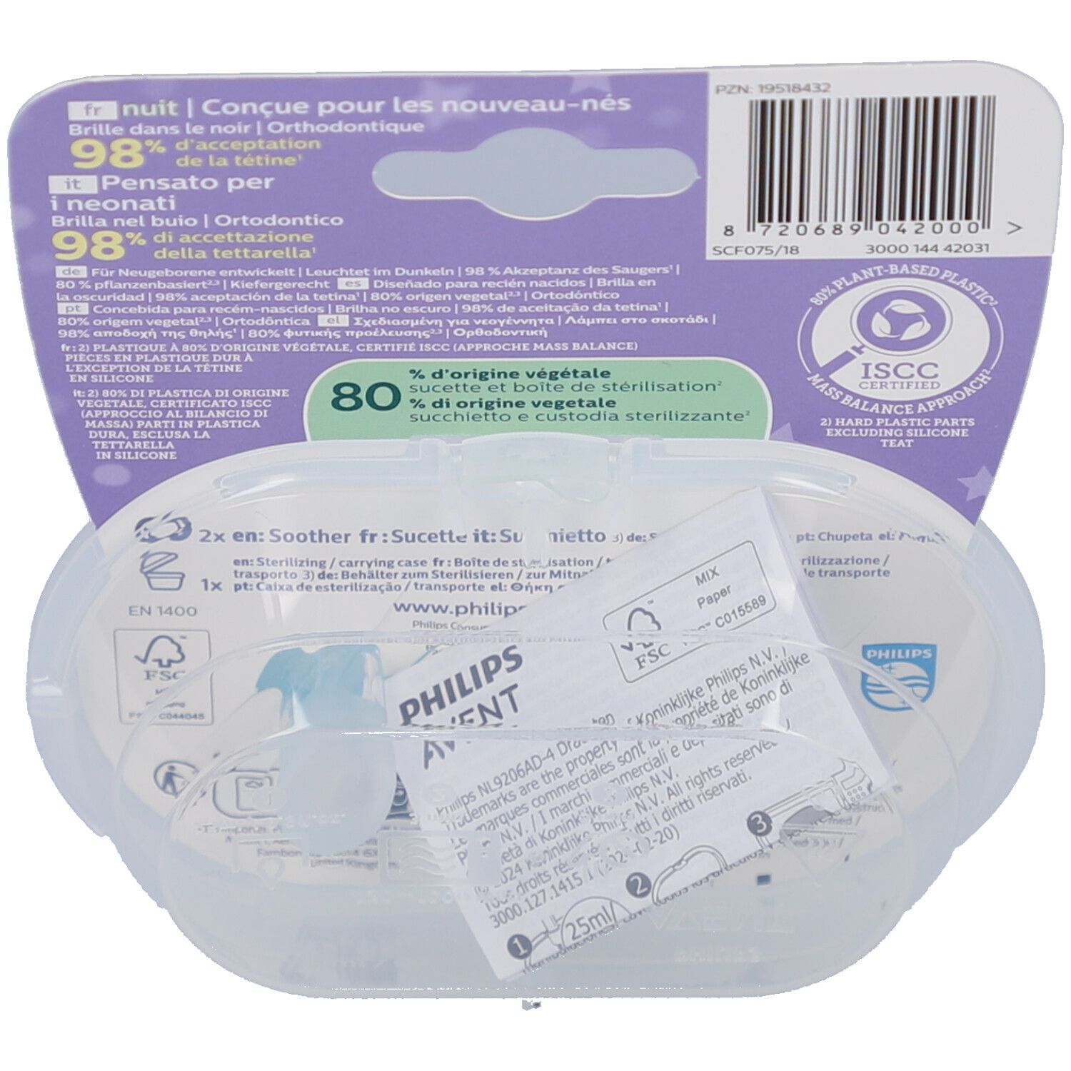 Dos de l'emballage des sucettes Philips Avent. Étui transparent avec deux sucettes et papier.