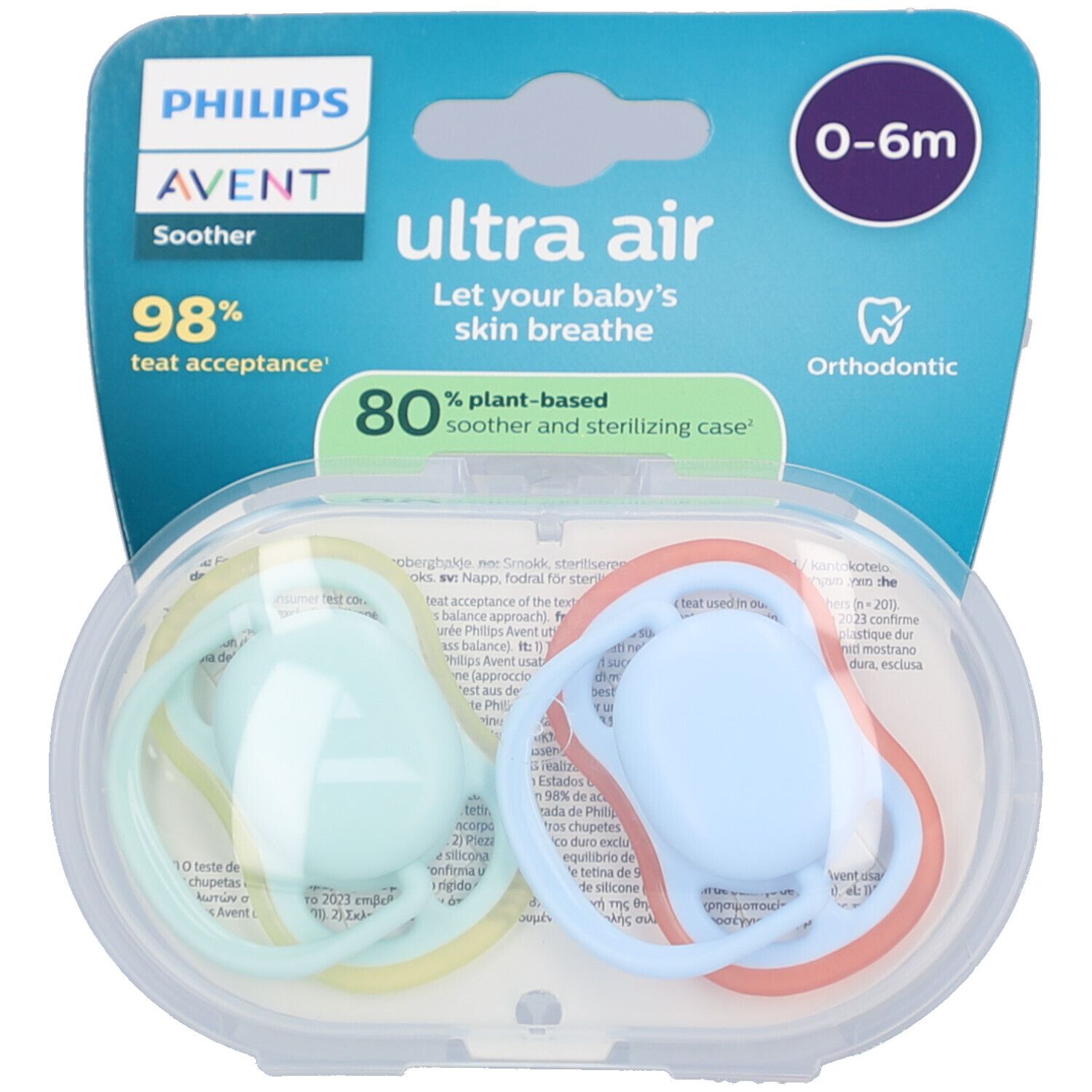 Zwei Schnuller in einer transparenten Verpackung. Grün und blau. Mit Aufdrucken: Philips Avent, Ultra Air, 0-6m.