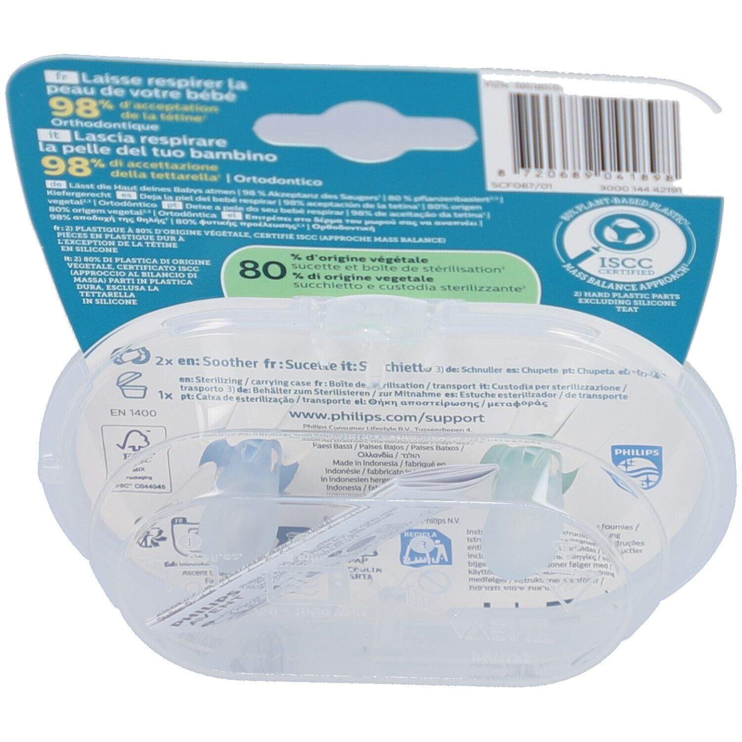 Rückseite der Verpackung mit zwei Schnullern. Transparente Verpackung. Text: Philips Avent, Ultra Air, 0-6m.