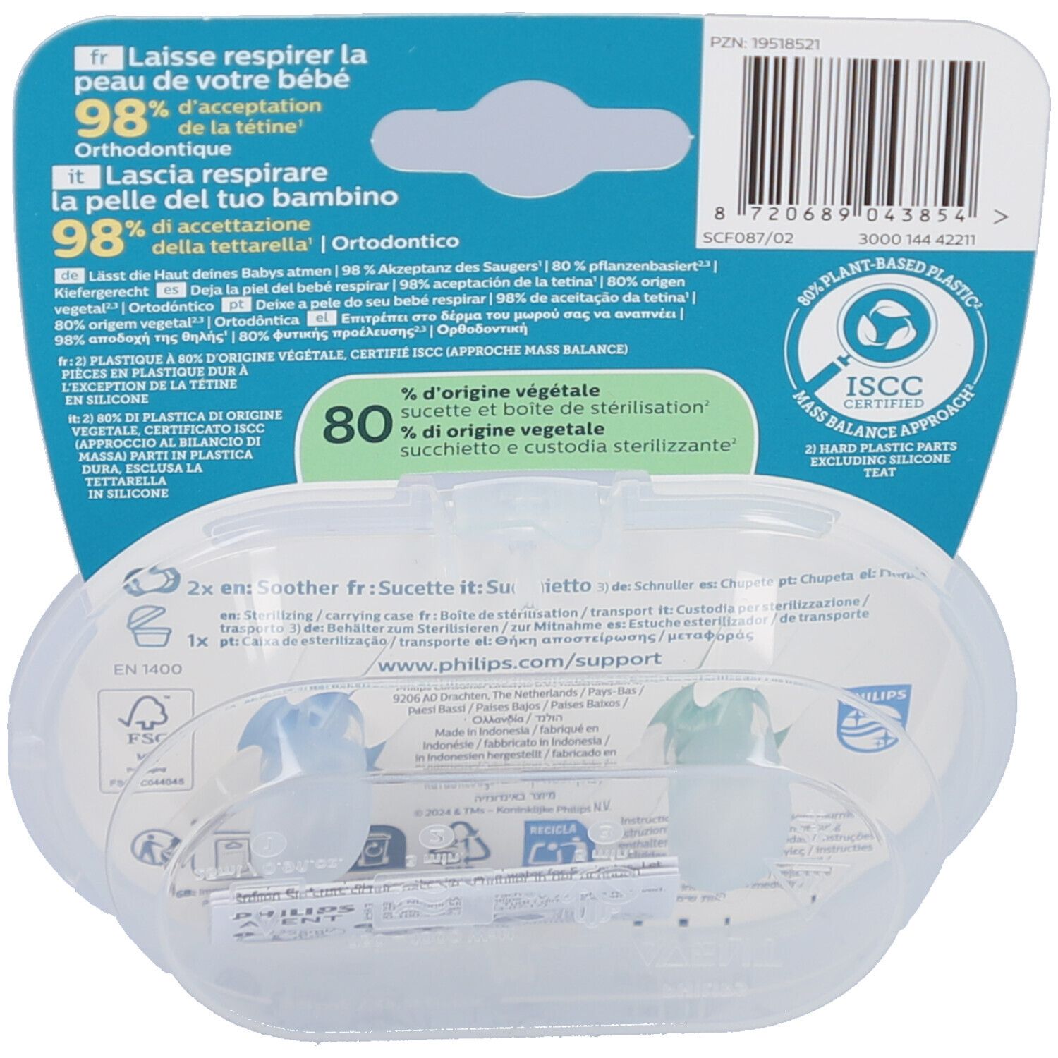 Dos de l'emballage avec informations produit et certifications. Emballage plastique transparent avec deux sucettes.