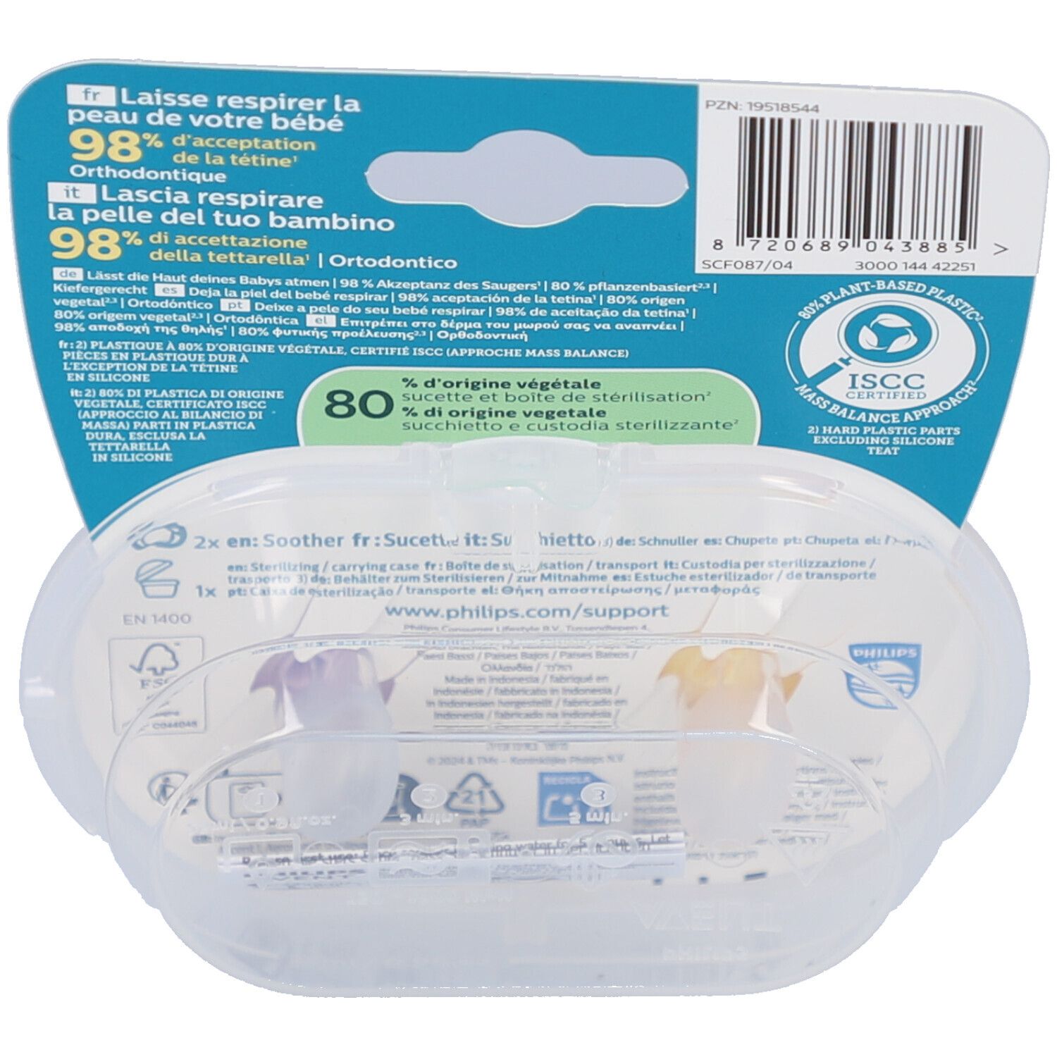 Rückseite der Verpackung mit zwei Schnullern. Transparente Kunststoffverpackung. Text in mehreren Sprachen. Barcode und Logo.