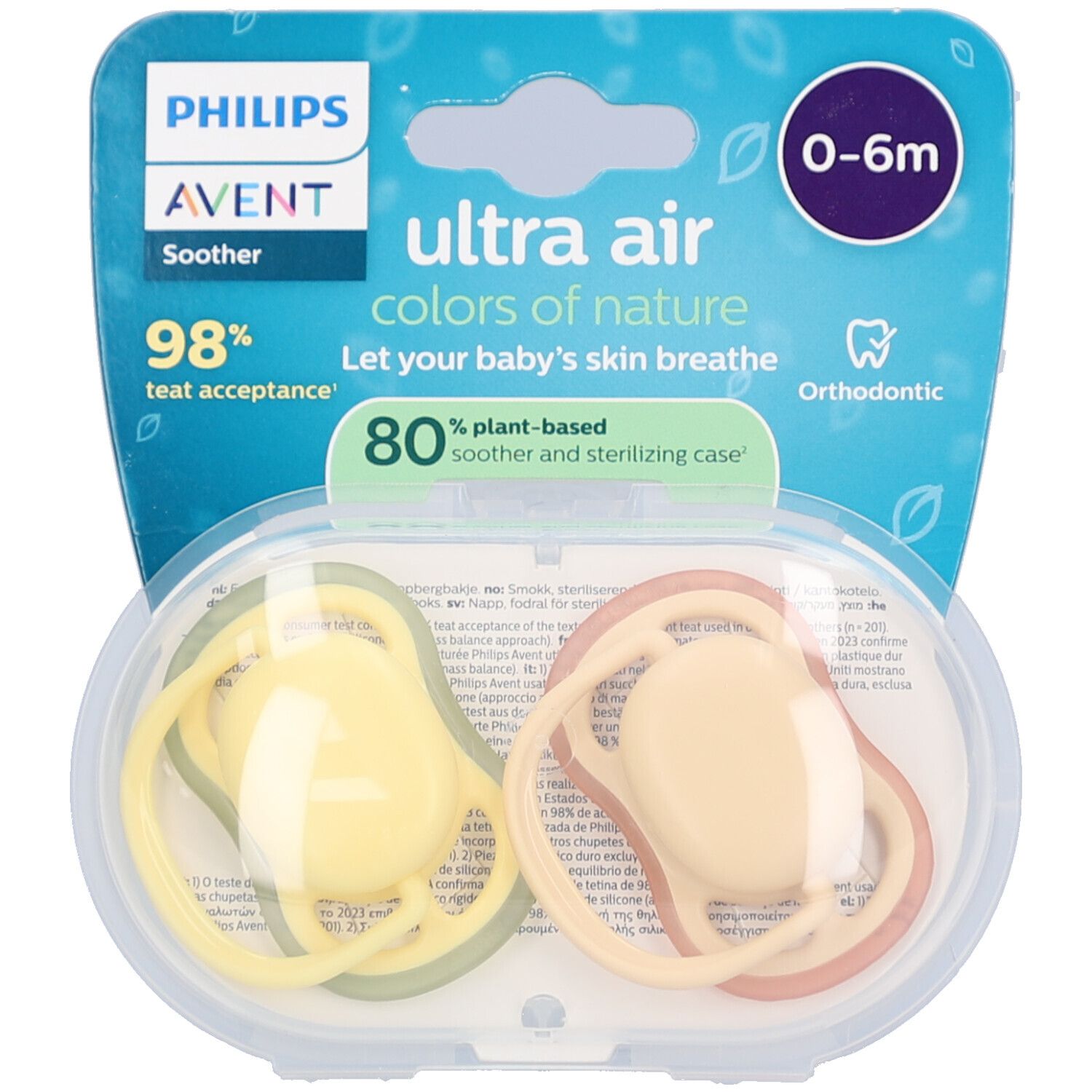 Zwei Schnuller in einer transparenten Hülle. Gelb und rosa. Verpackung mit Produktnamen und Altersangabe 0-6m.