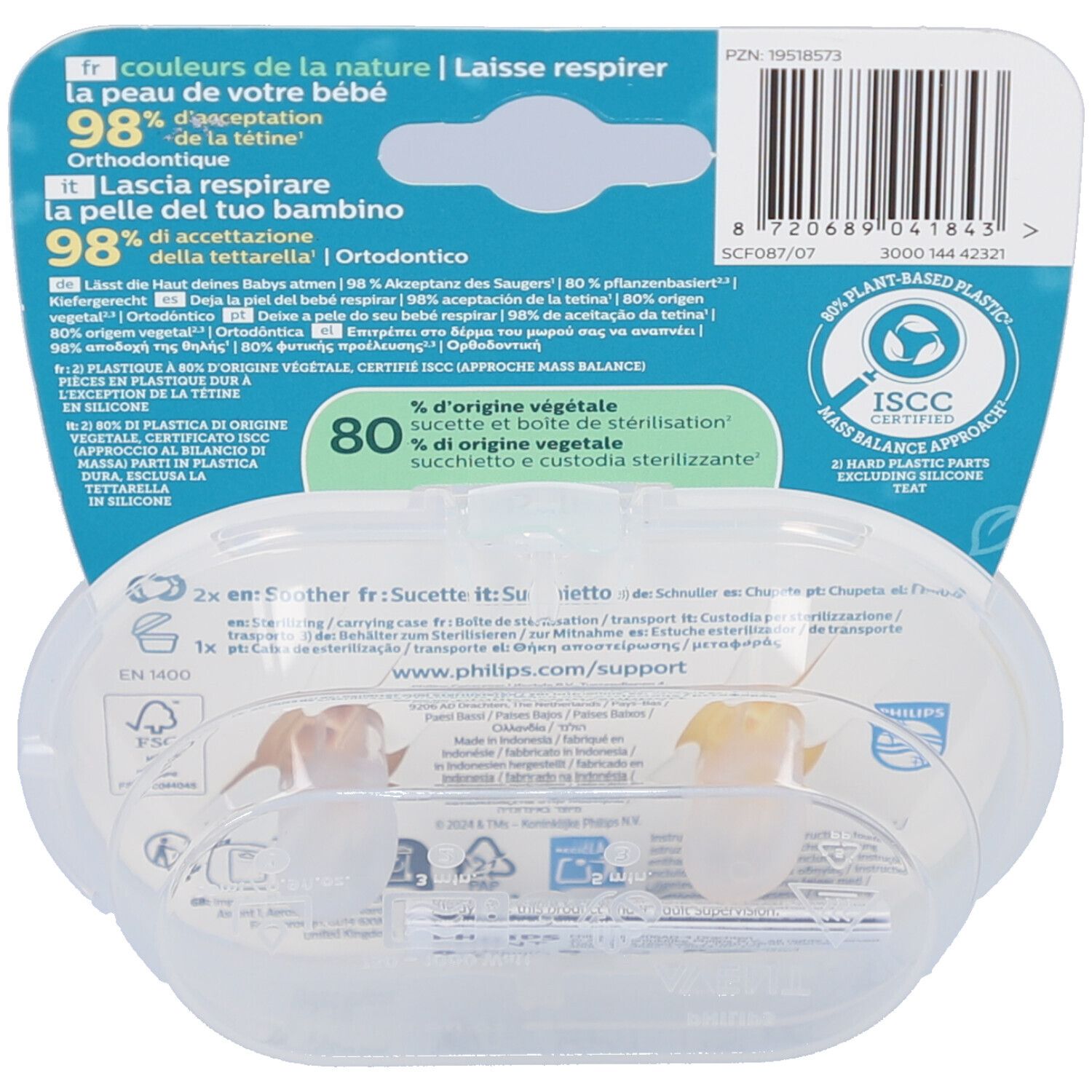 Rückseite der Verpackung mit Produktinformationen und Zertifizierungen. Transparente Hülle mit zwei Schnullern.