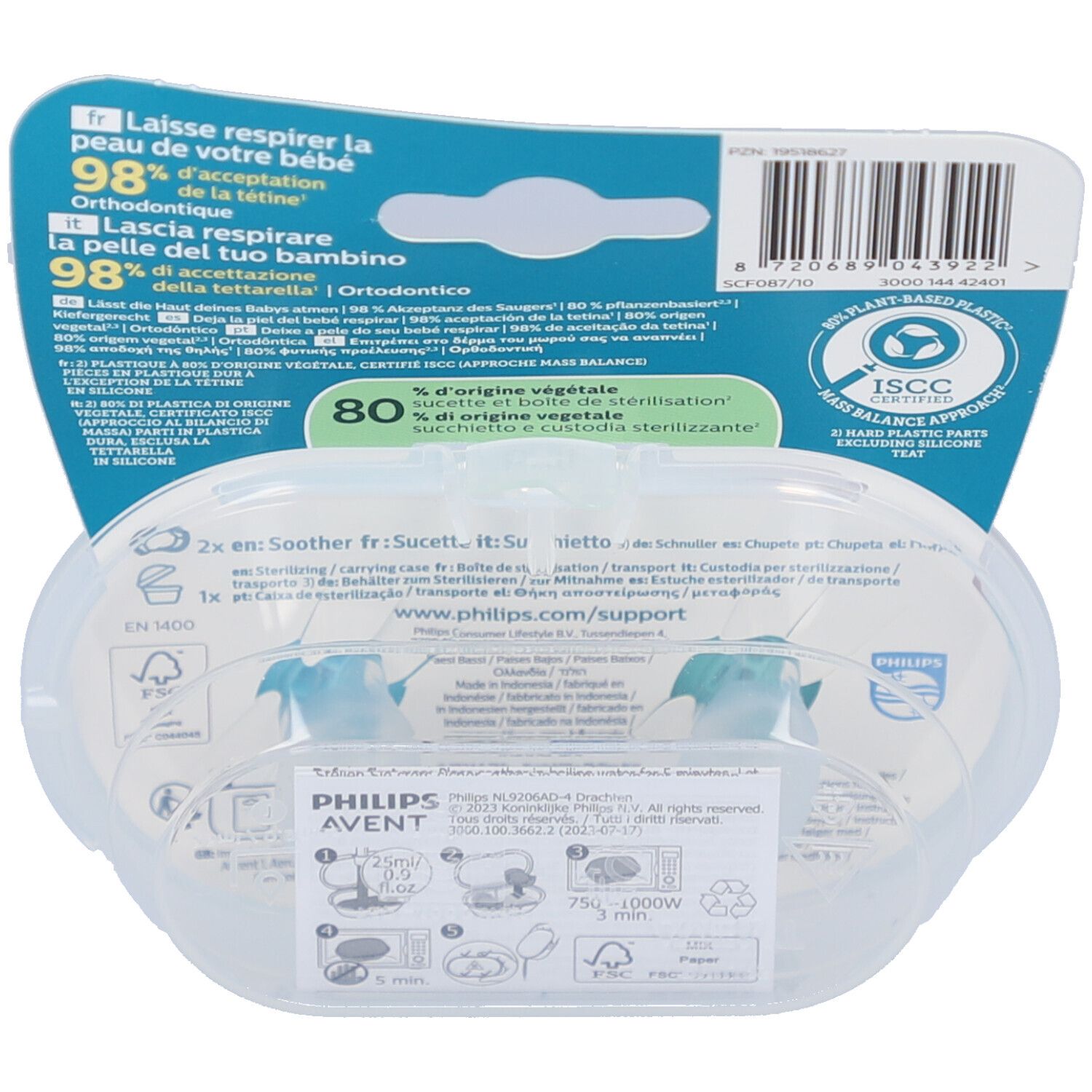 Rückseite der Verpackung mit Text und Logos. Enthält zwei blaue Schnuller in einer transparenten Hülle. Text: Philips Avent, ISCC, 80% pflanzlich.