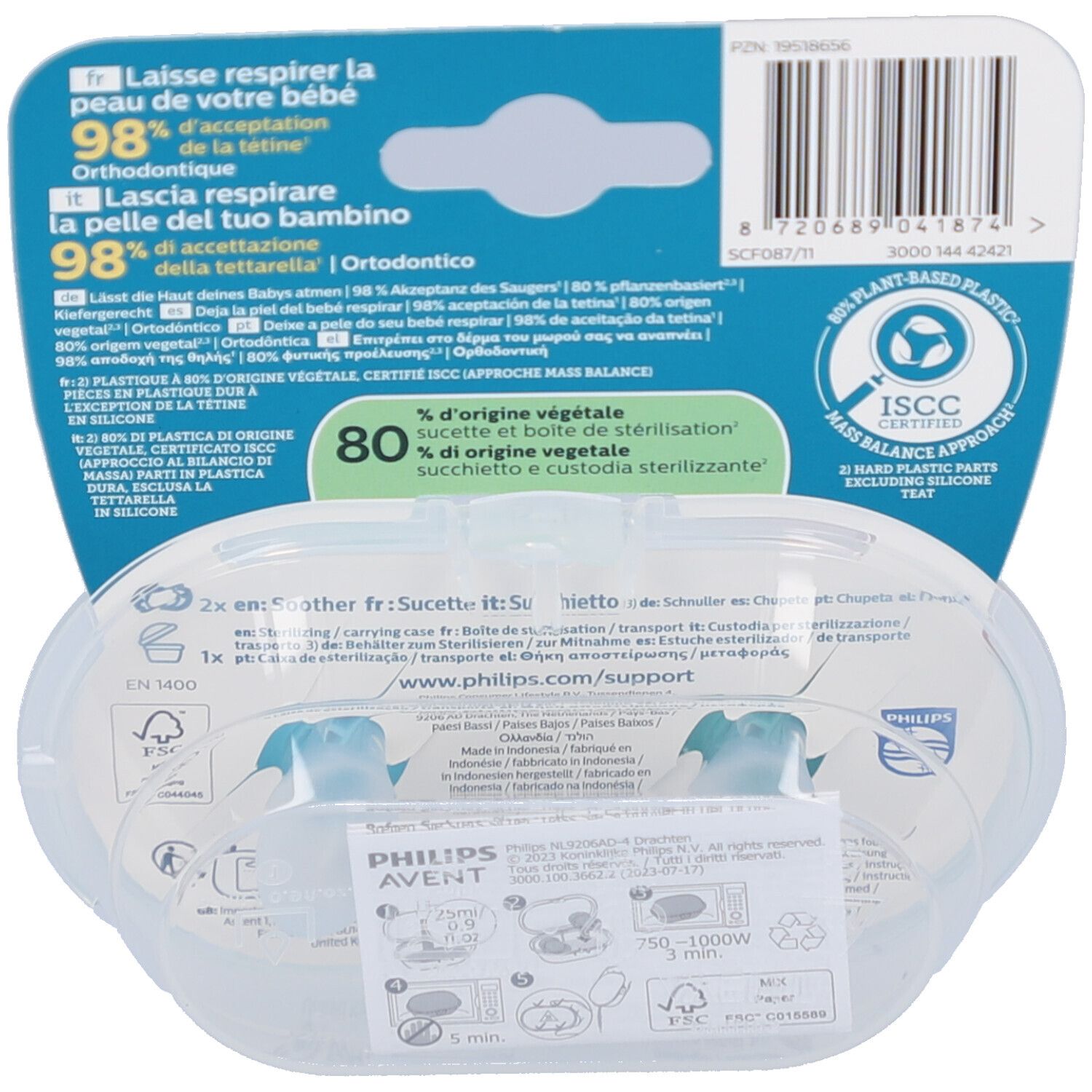 Dos de l'emballage avec informations, logos et code-barres. Texte multilingue.