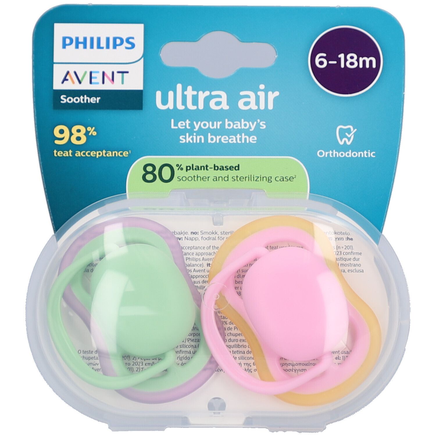 Deux sucettes rose et verte dans un étui transparent. Emballage avec logo et texte de la marque. Âge: 6-18 mois.