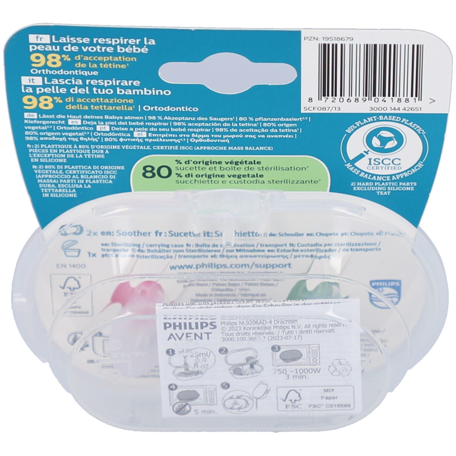 Rückseite der Verpackung mit Produktinformationen und Barcode. Enthält Text in mehreren Sprachen und Angaben zur Materialzusammensetzung.