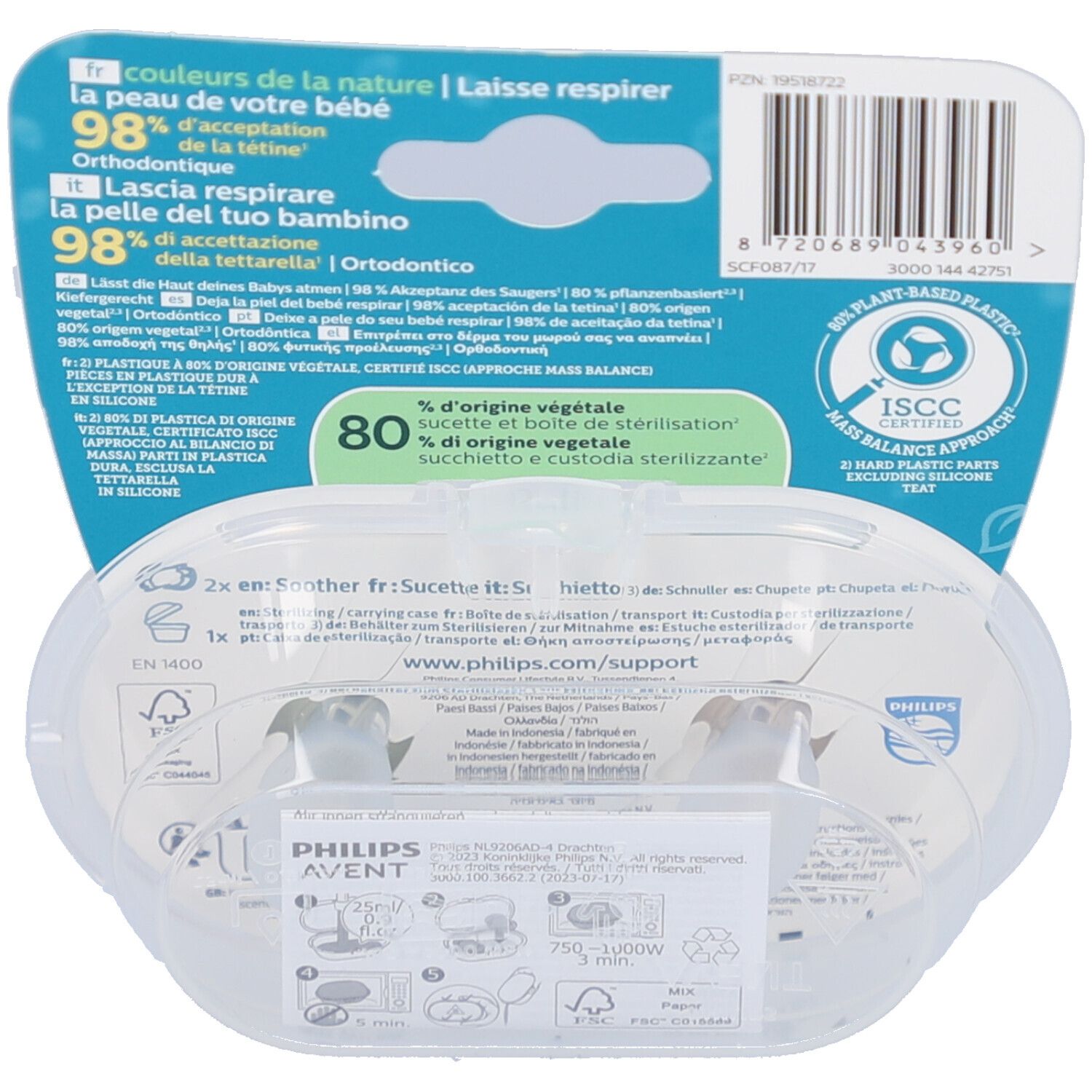 Rückseite der Verpackung mit Produktinformationen, Logos und Barcode. Transparente Hülle mit zwei Schnullern.