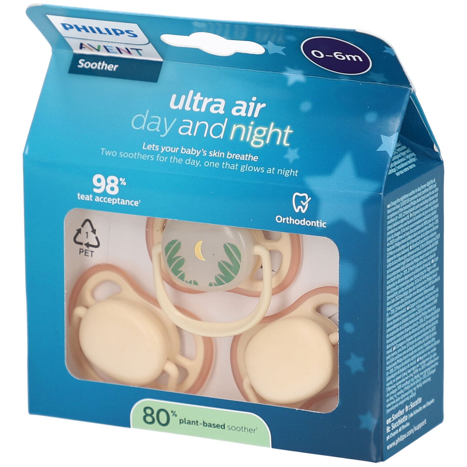 Verpackung mit drei Schnullern. Sichtbar: Philips Avent, Ultra Air, 0-6m. Zwei Schnuller für den Tag, einer leuchtet in der Nacht.