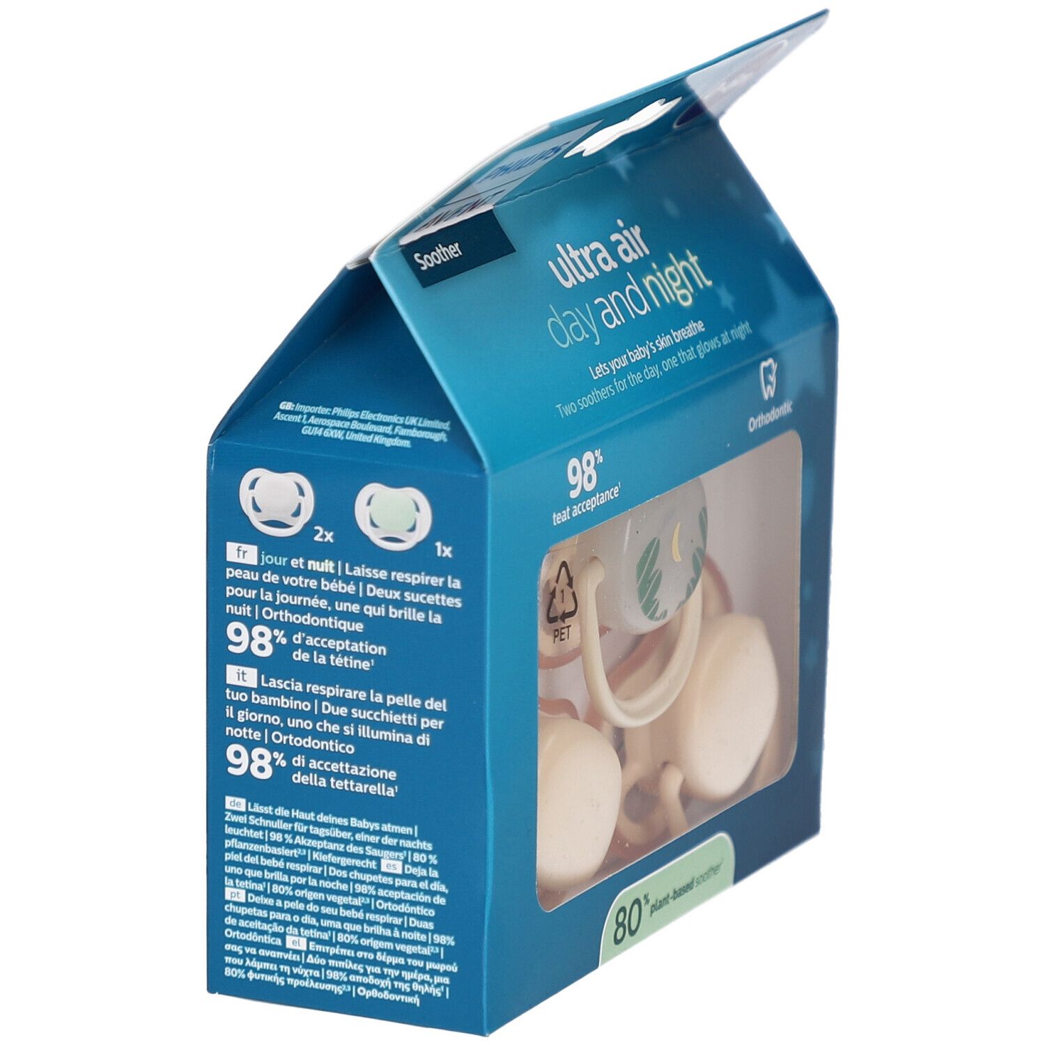 Verpackung mit drei Schnullern. Sichtbar: Philips Avent, Ultra Air, 0-6m. Zwei Schnuller für den Tag, einer leuchtet in der Nacht.