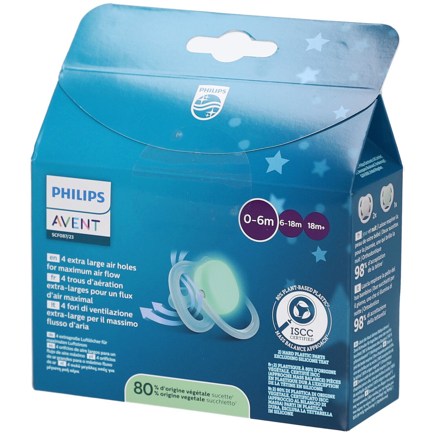 Verpackung mit drei Schnullern. Sichtbar: Philips Avent, 0-6m. Vier große Luftlöcher. ISCC-zertifiziertes Material.