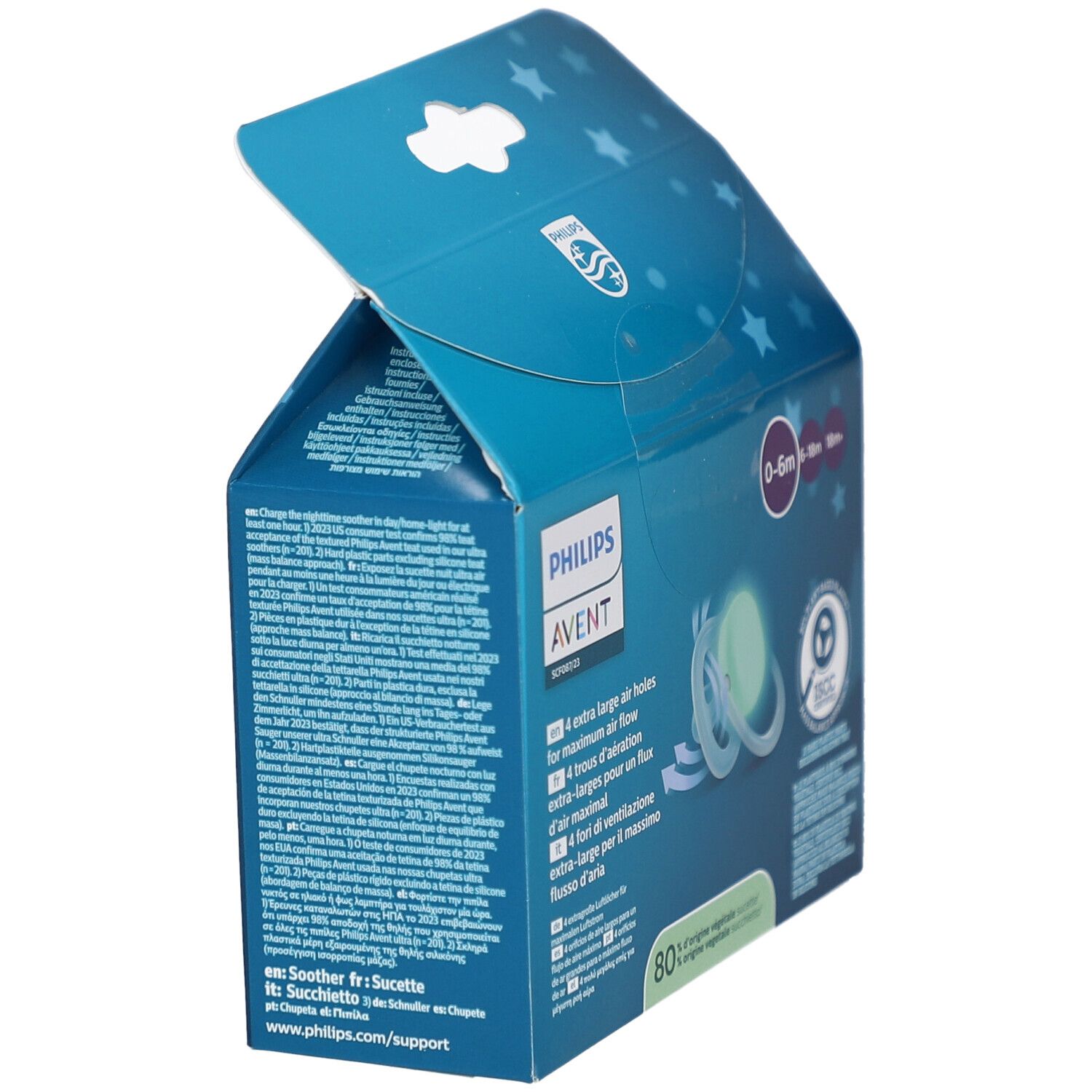 Verpackung mit drei Schnullern. Sichtbar: Philips Avent, 0-6m. Vier große Luftlöcher. ISCC-zertifiziertes Material.