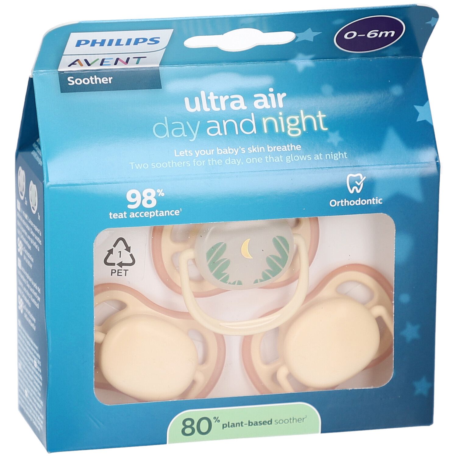 Verpackung mit drei Schnullern. Sichtbar: Philips Avent, Ultra Air, 0-6m. Zwei Schnuller für den Tag, einer leuchtet in der Nacht.