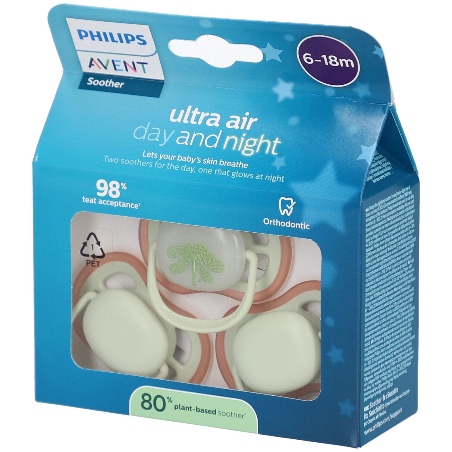Verpackung Philips Avent Schnuller. Drei Schnuller sichtbar. Text: Ultra Air Day and Night, 6-18m, 98% Akzeptanz, Orthodontic.