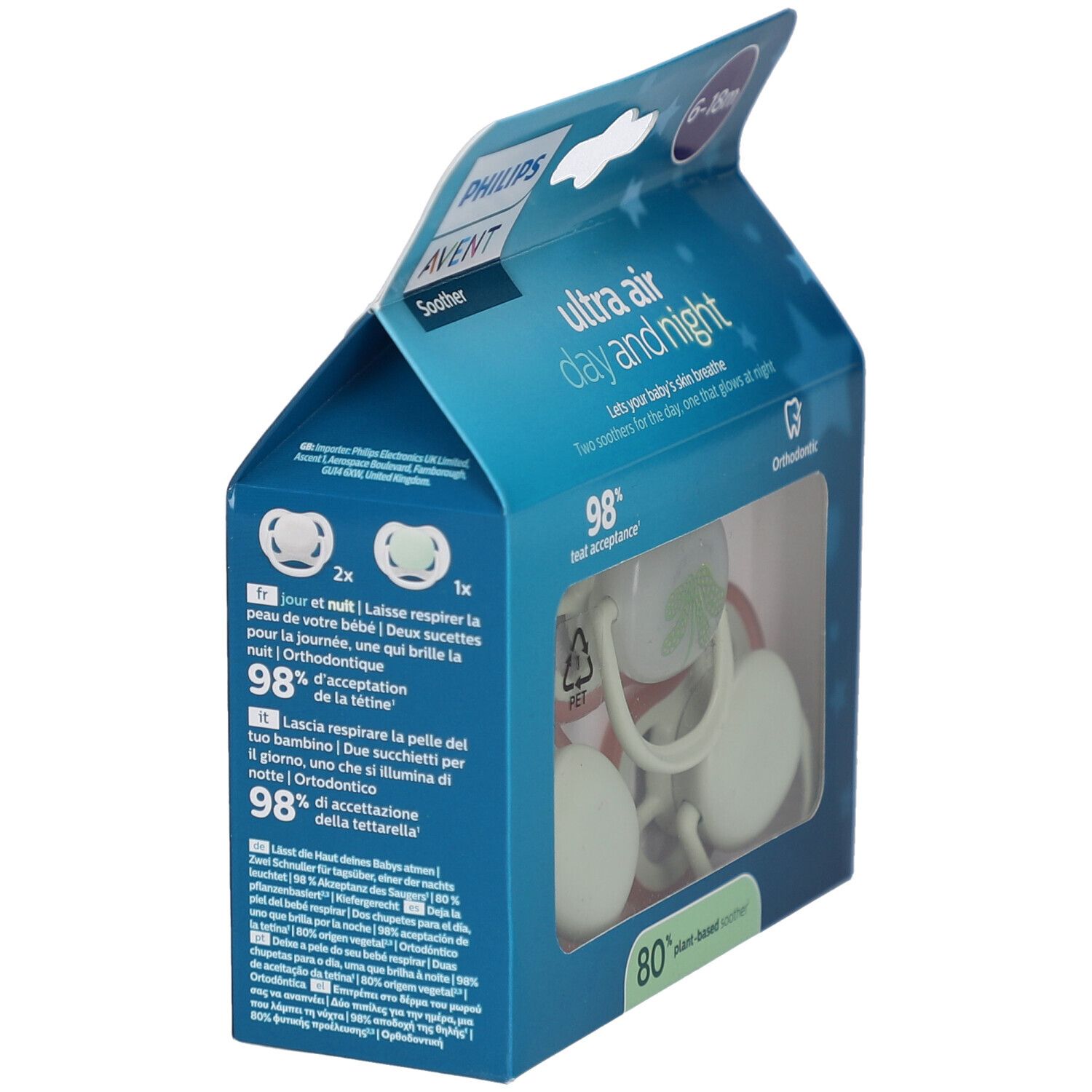 Philips Avent Schnuller-Verpackung. Text: Ultra Air Day and Night, 6-18m, 98% Akzeptanz. Zwei Schnuller sichtbar, einer leuchtet.