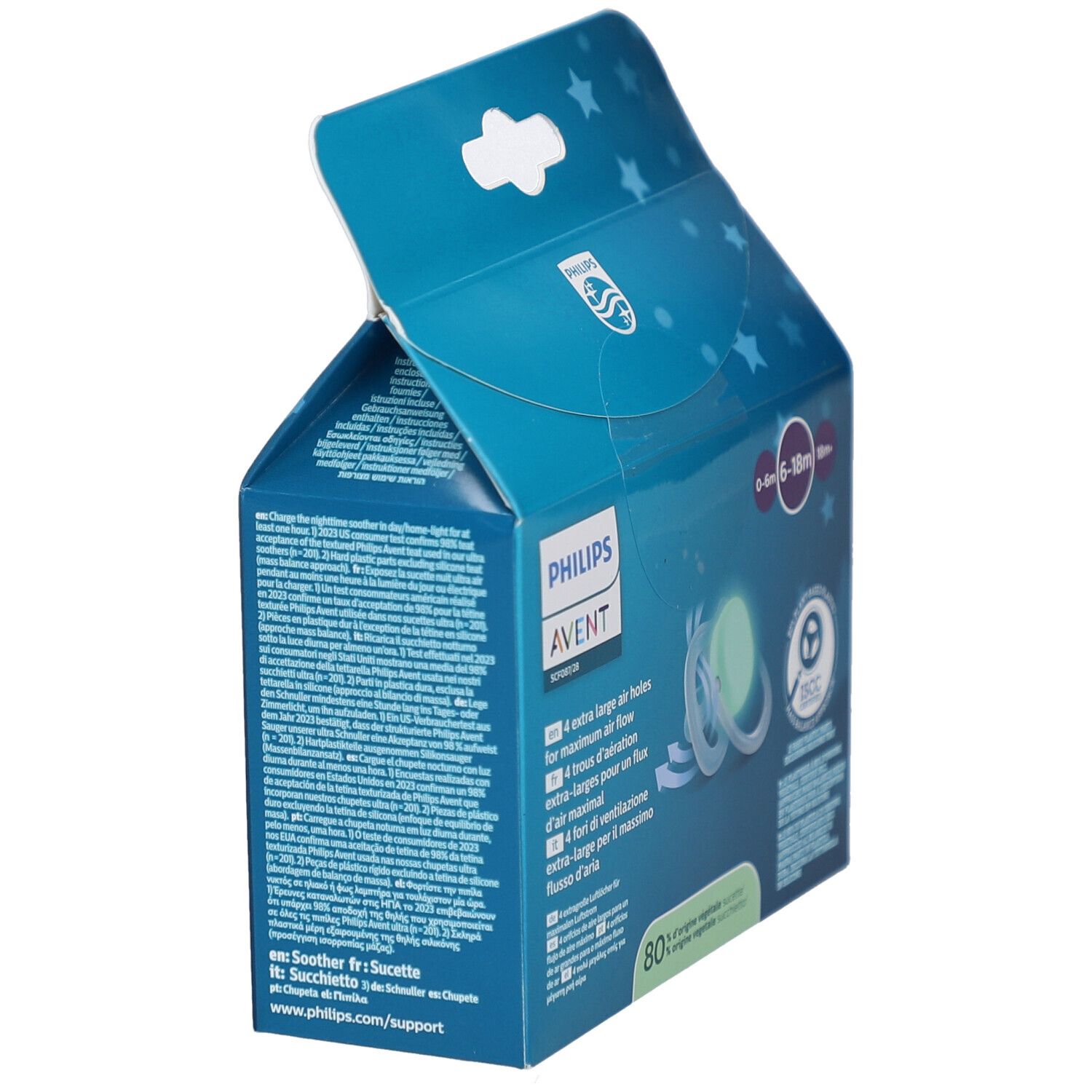 Philips Avent Schnuller-Verpackung. Text: 6-18m. Vier große Luftlöcher. Ein Schnuller leuchtet. ISCC-Zertifizierung. 80% pflanzlich.