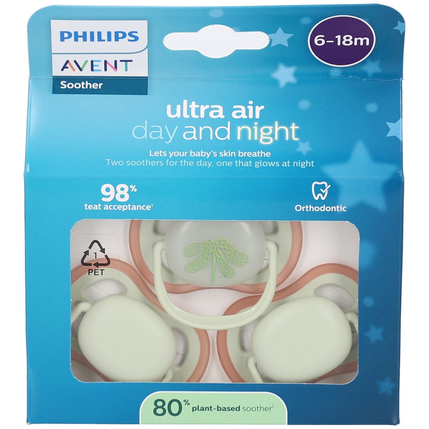 Philips Avent Schnuller-Verpackung. Text: Ultra Air Day and Night, 6-18m, 98% Akzeptanz, Orthodontic. Drei Schnuller sichtbar.