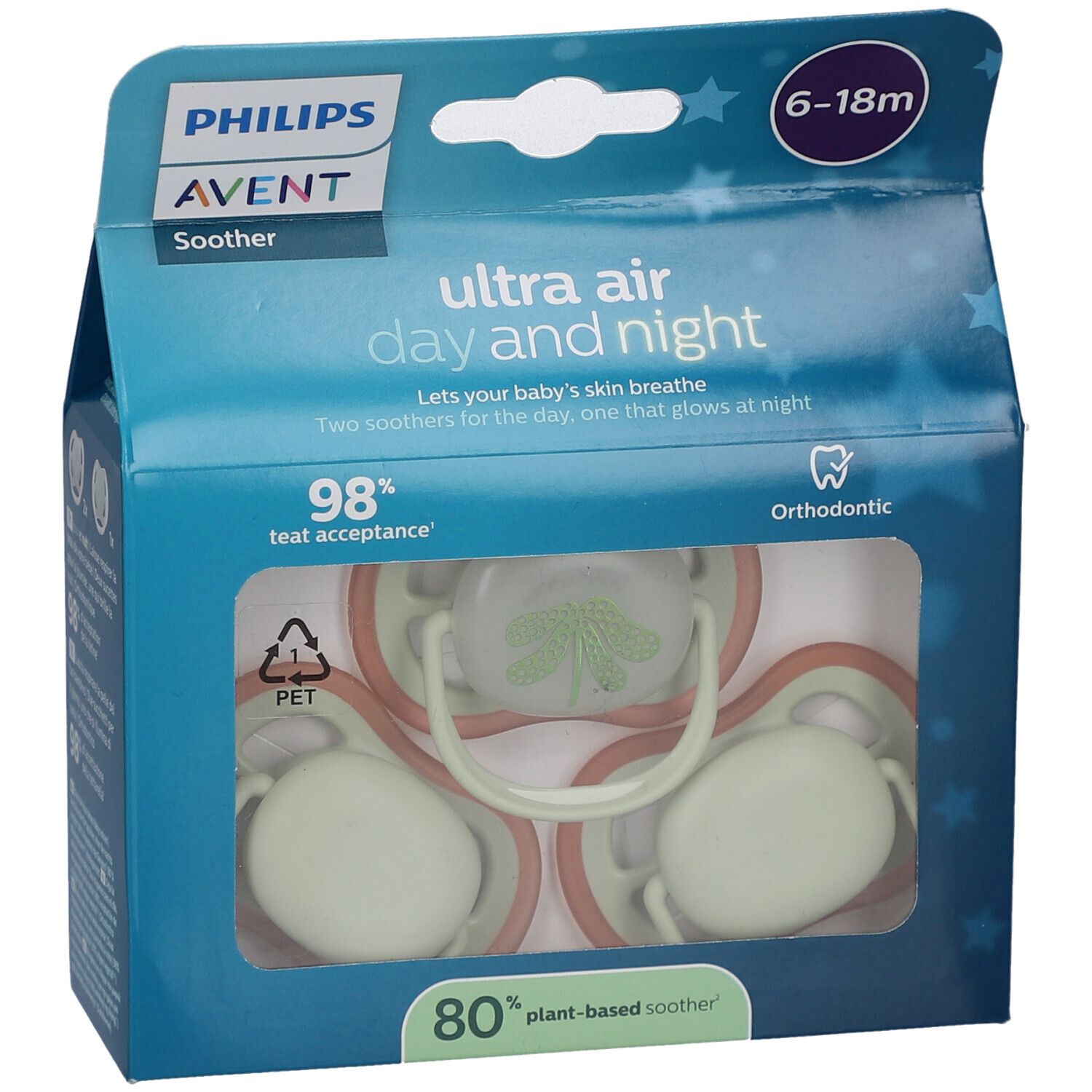 Philips Avent Schnuller-Verpackung. Text: Ultra Air Day and Night, 6-18m, 98% Akzeptanz, Orthodontic. Drei Schnuller sichtbar.