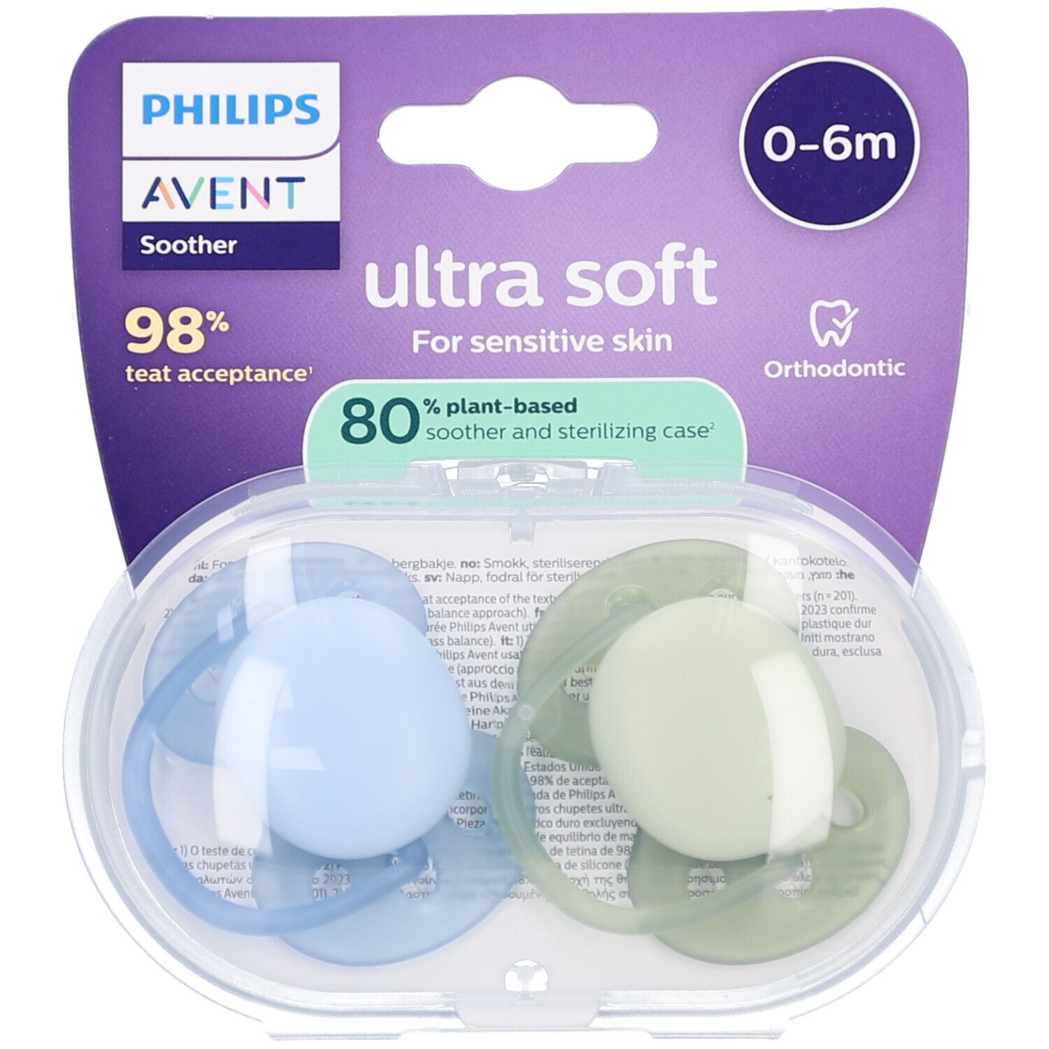 Deux sucettes bleu clair et vert dans un étui transparent. Emballage avec logo et informations produit.