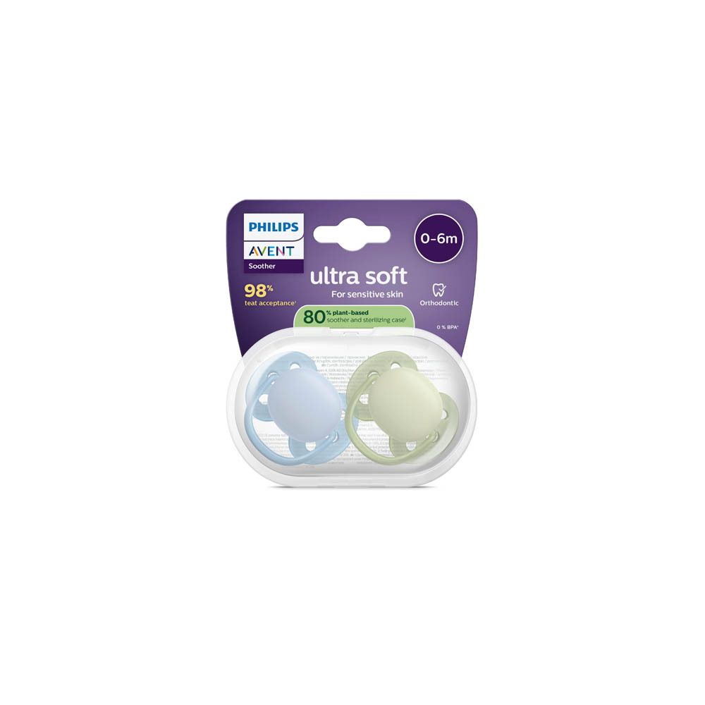 Arrière de l'emballage des sucettes Philips Avent avec informations produit et certifications.