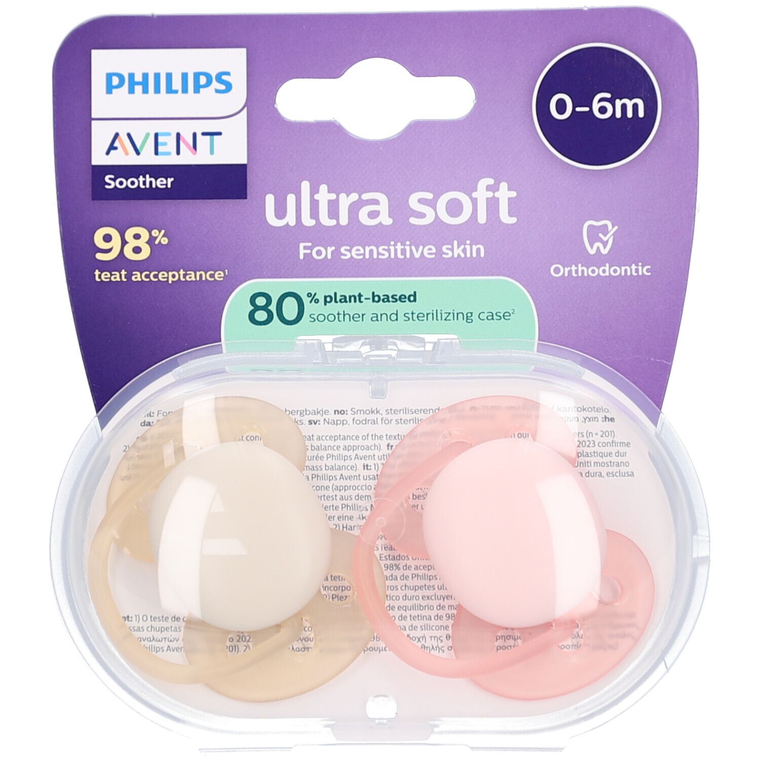 Deux sucettes Philips Avent rose et beige, 0-6 mois, Ultra Soft. Emballage avec étui stérilisable. 98% d'acceptation.