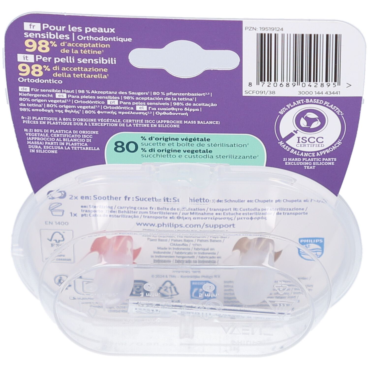 Dos de l'emballage avec informations produit. Philips Avent. 80% végétal. Étui stérilisable. Plastique biosourcé.