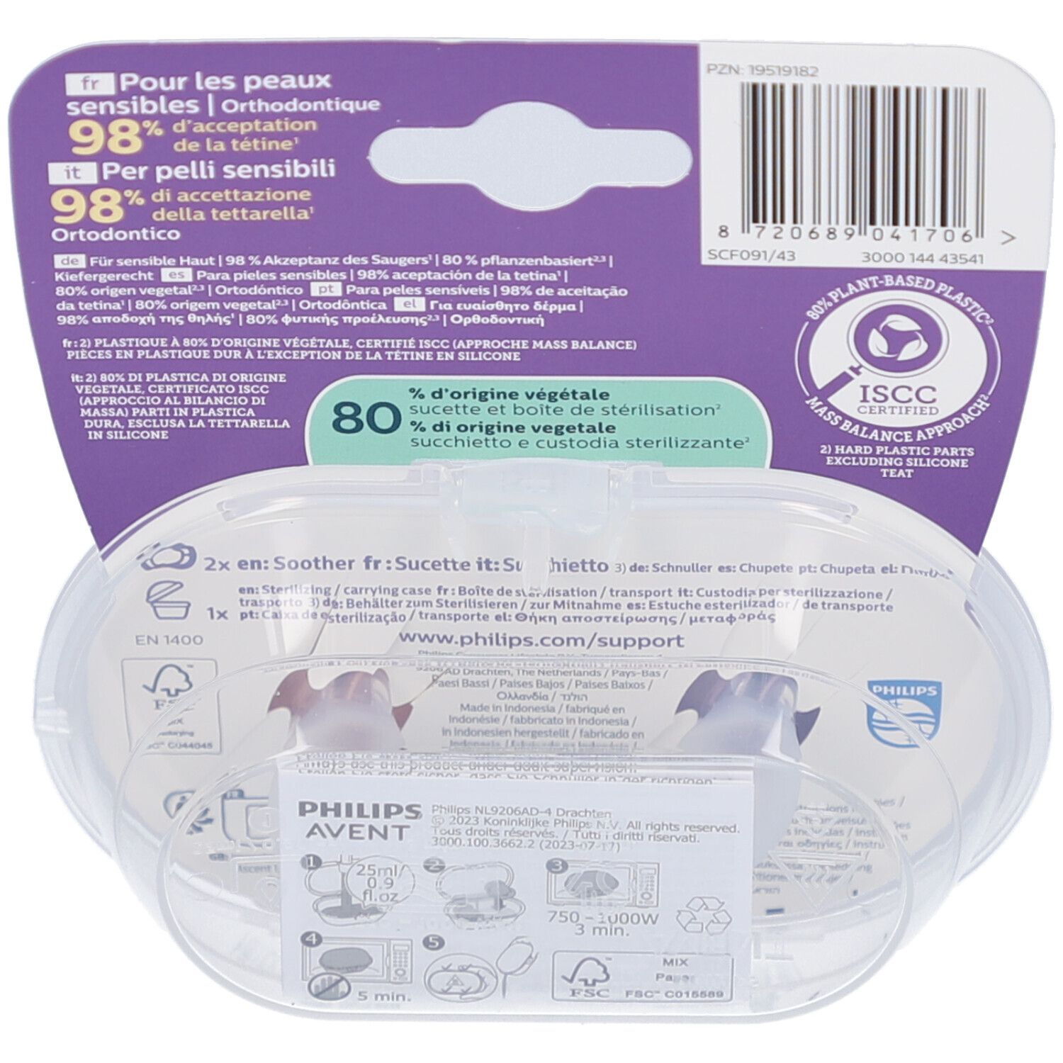 Rückseite der Verpackung mit Produktinformationen und Zertifizierungen. Transparente Aufbewahrungsbox mit zwei Schnullern.