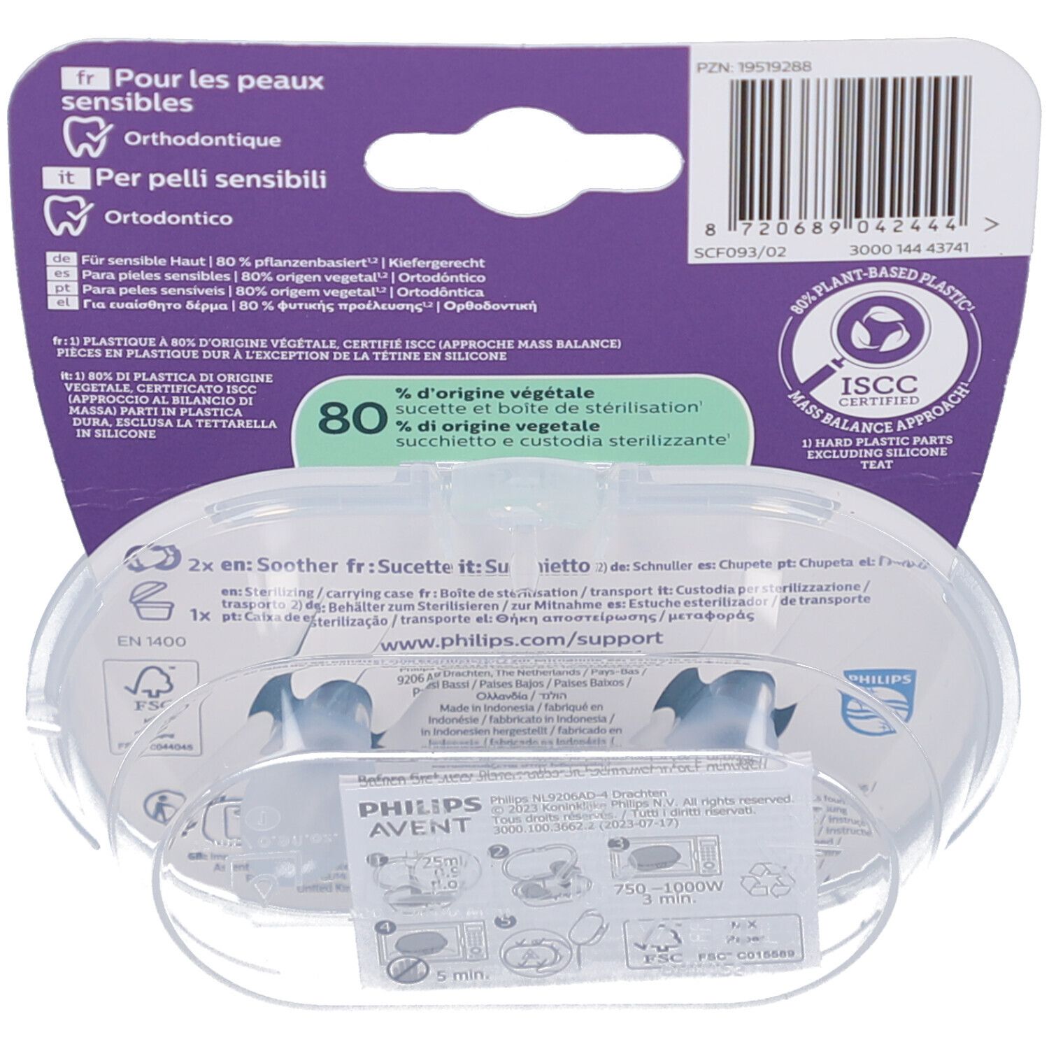 Rückseite der Verpackung mit Informationen. Enthält Text in mehreren Sprachen, Barcode und Philips Avent Logo.