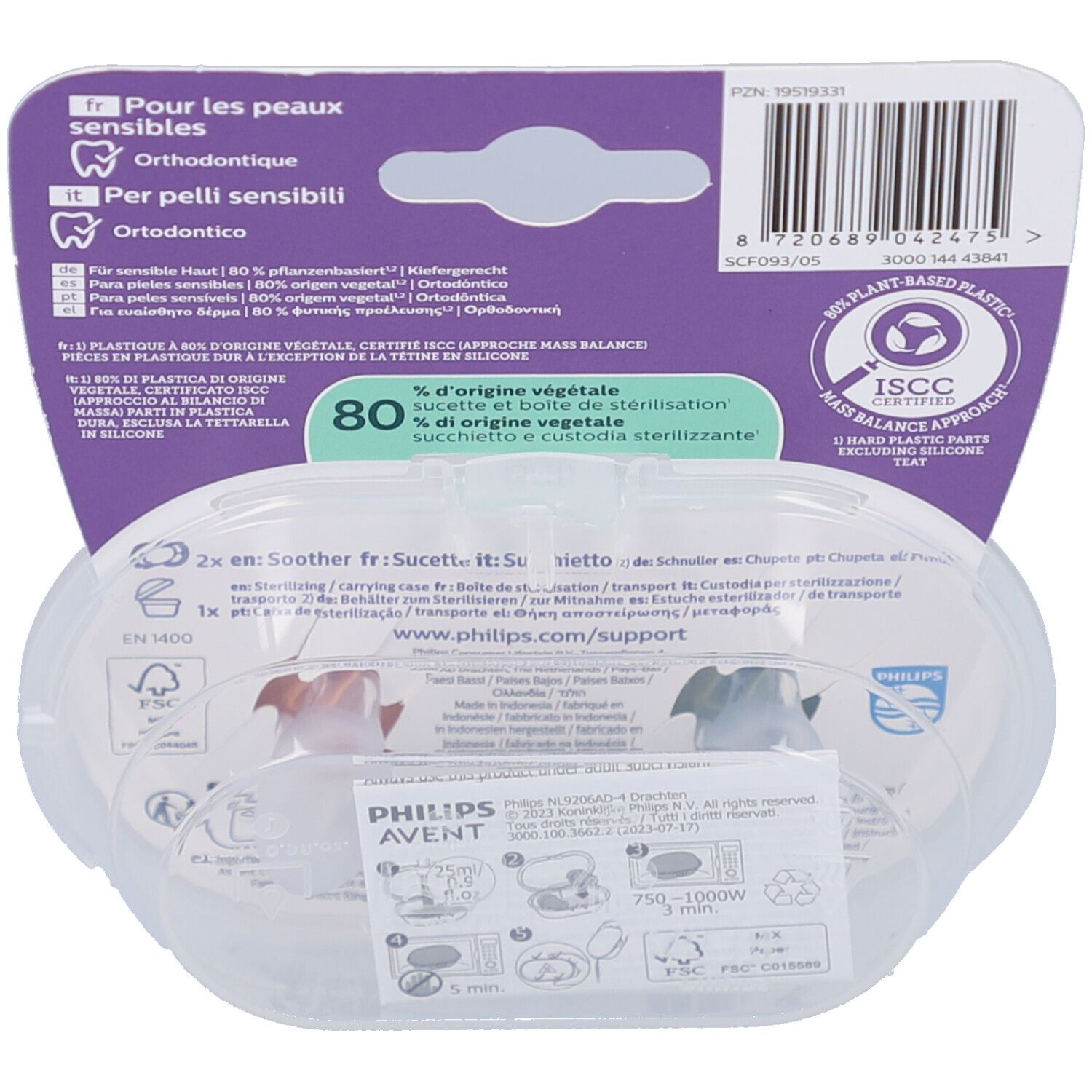 Rückseite der Verpackung mit Produktinformationen. Text in mehreren Sprachen. 80% pflanzlich. ISCC-Zertifizierung.