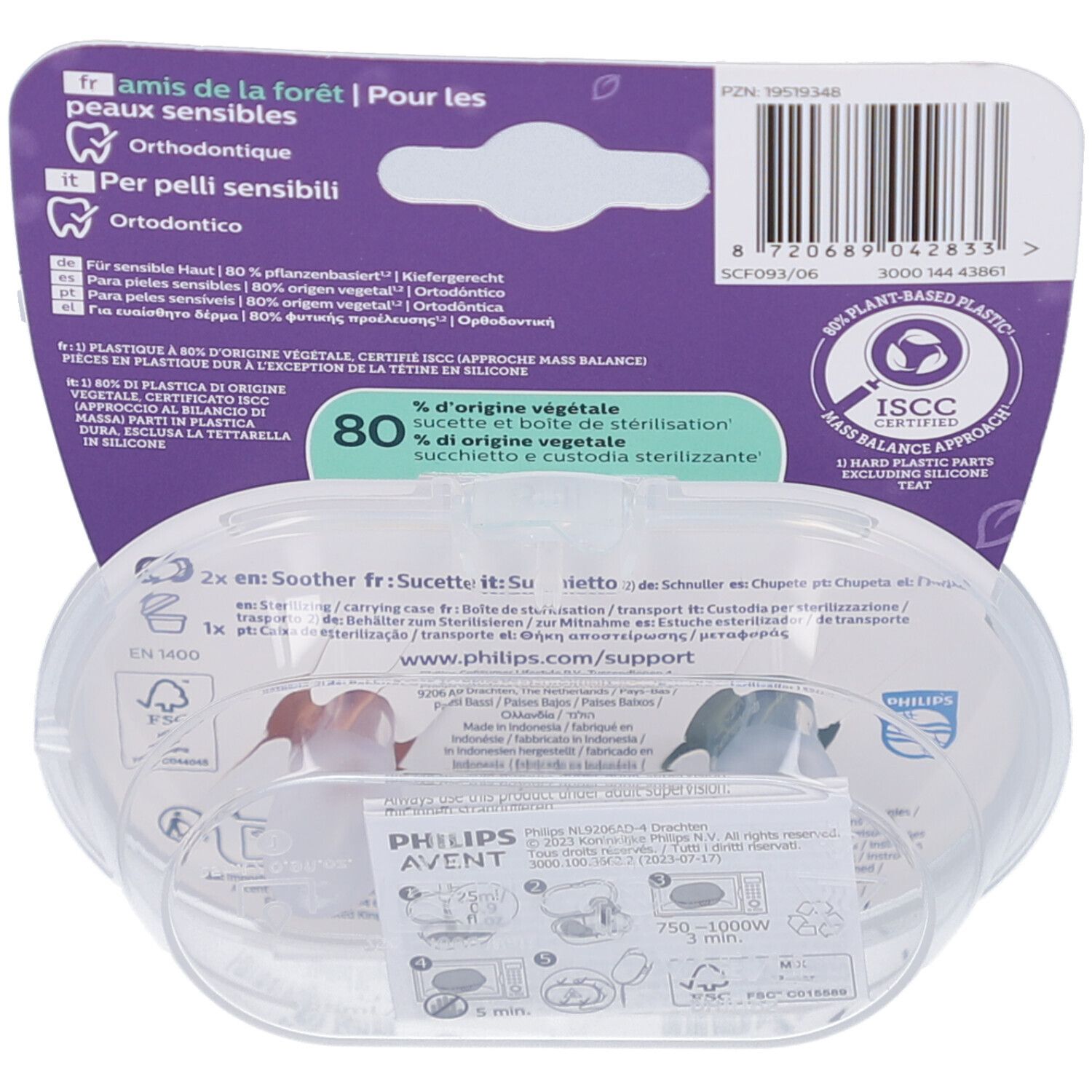 Dos de l'emballage avec informations produit et certifications. Comprend une boîte de rangement transparente.