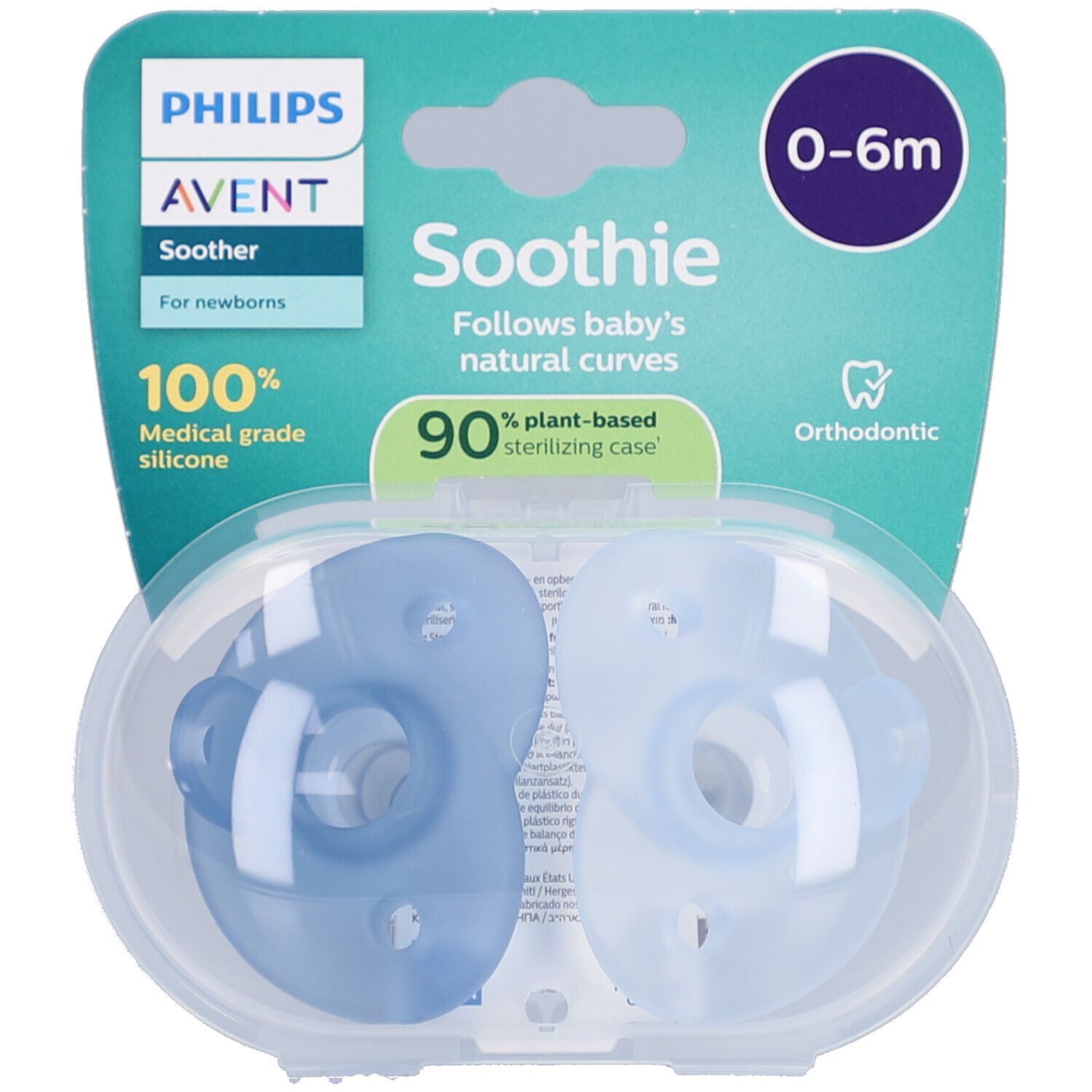 Zwei blaue und transparente Schnuller in einer transparenten, zweiteiligen Verpackung. Aufschrift: Philips Avent Soothie, 0-6m.