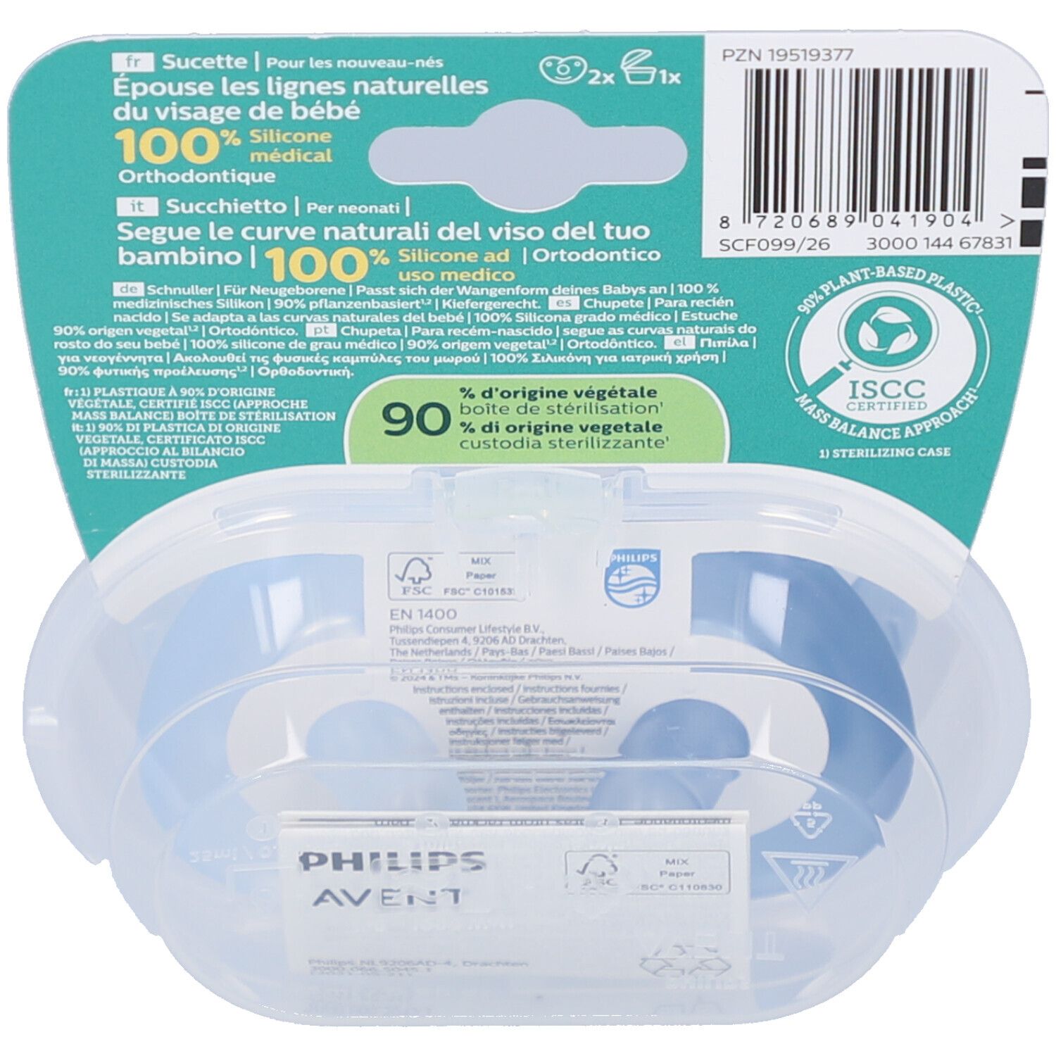 Rückseite der Verpackung mit zwei blauen Schnullern in einer transparenten Hülle. Aufschrift: Philips Avent, 90% Sterilisierbehälter.
