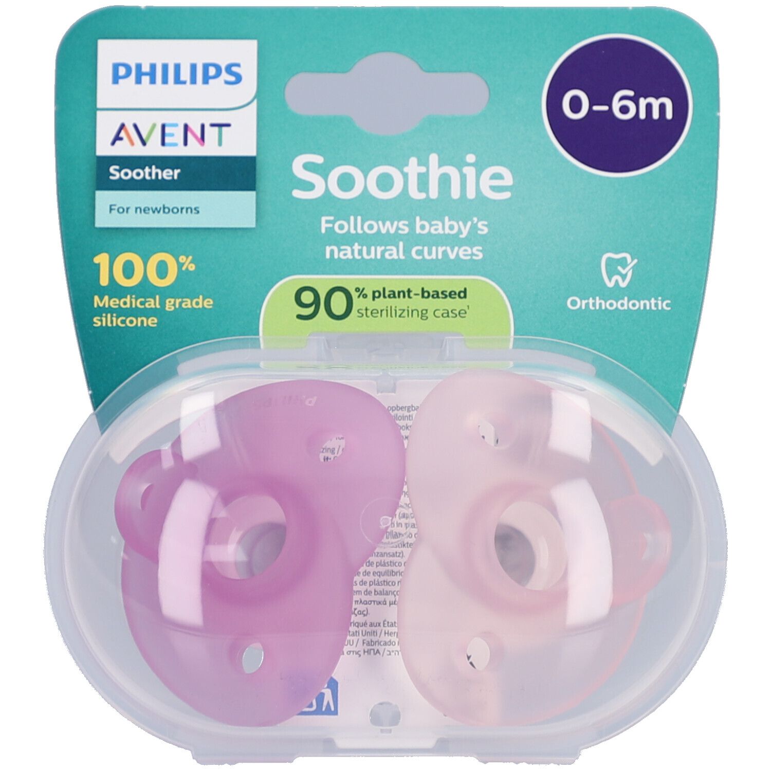Deux sucettes roses et transparentes dans un étui. Emballage avec informations produit. Marque Philips Avent.