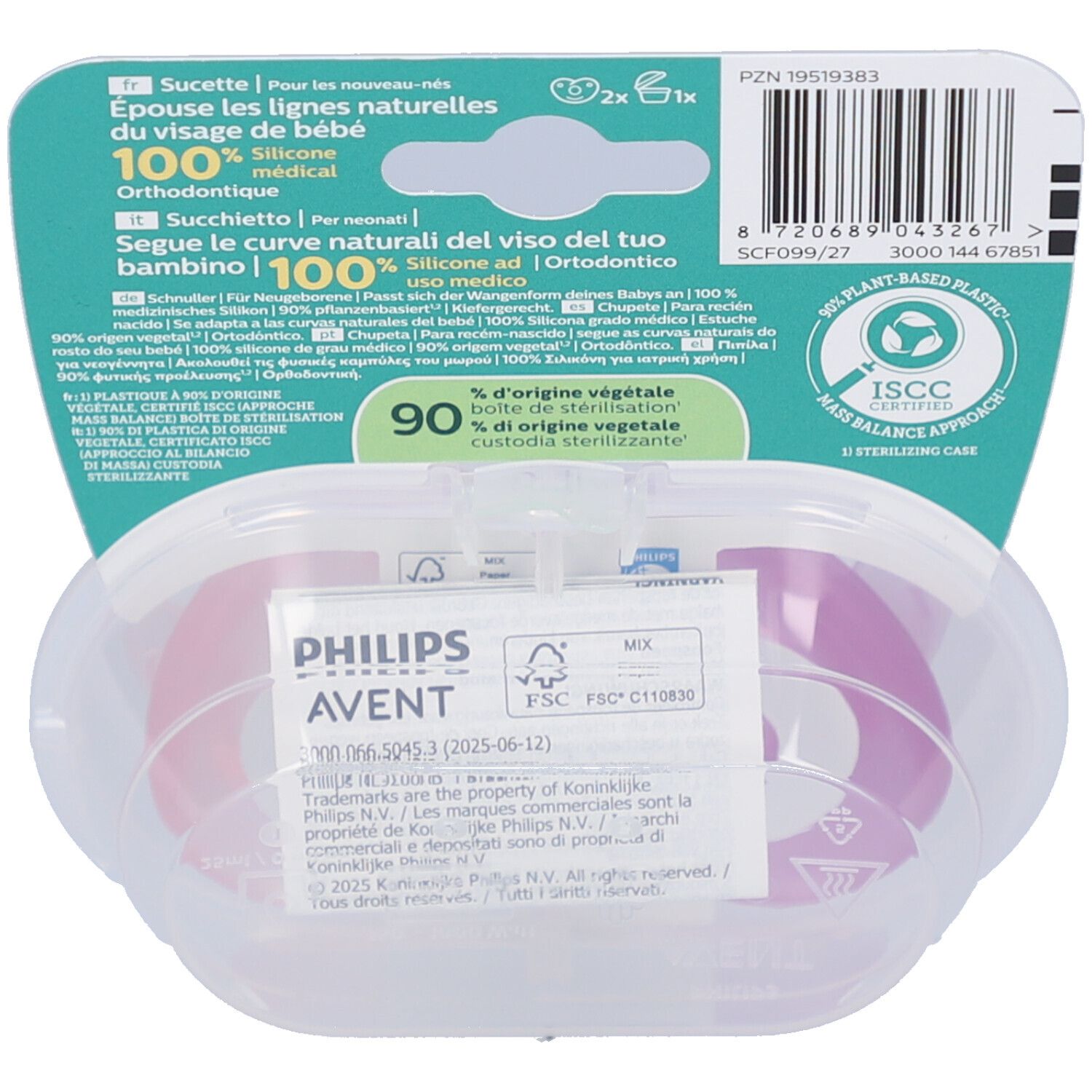 Dos de l'emballage avec informations produit. Deux sucettes dans un étui transparent. Philips Avent.